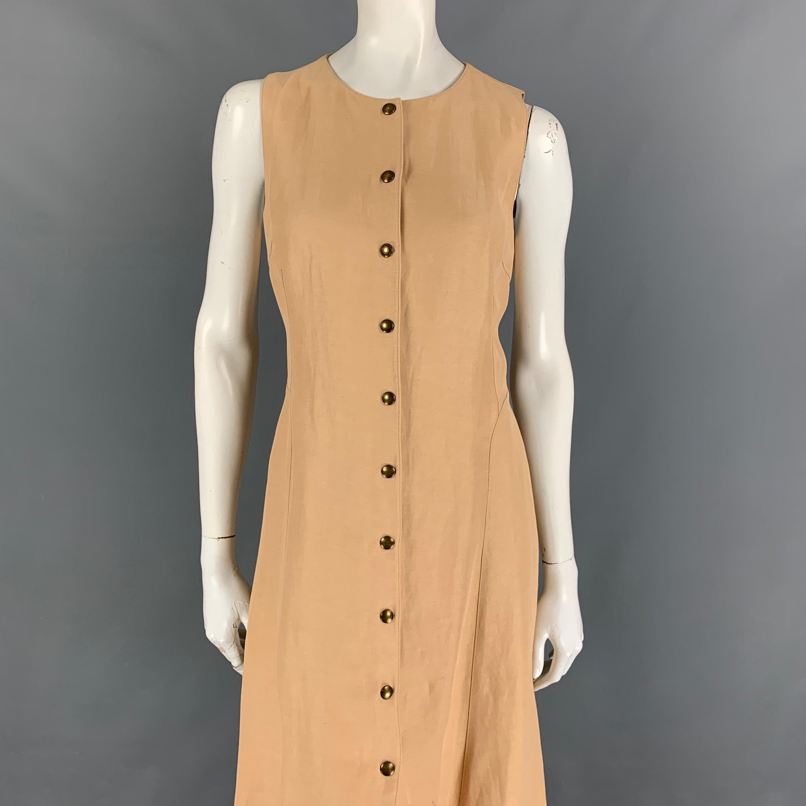 RALPH LAUREN Collection dress comes in a beige acetate featuring an a-line style, sleeveless, and a front snap button closure.
Good
Pre-Owned Condition. 

Marked:   8 

Measurements: 
 
Shoulder: 13 inches  Bust: 34 inches  Waist: 30 inches  Hip: 40