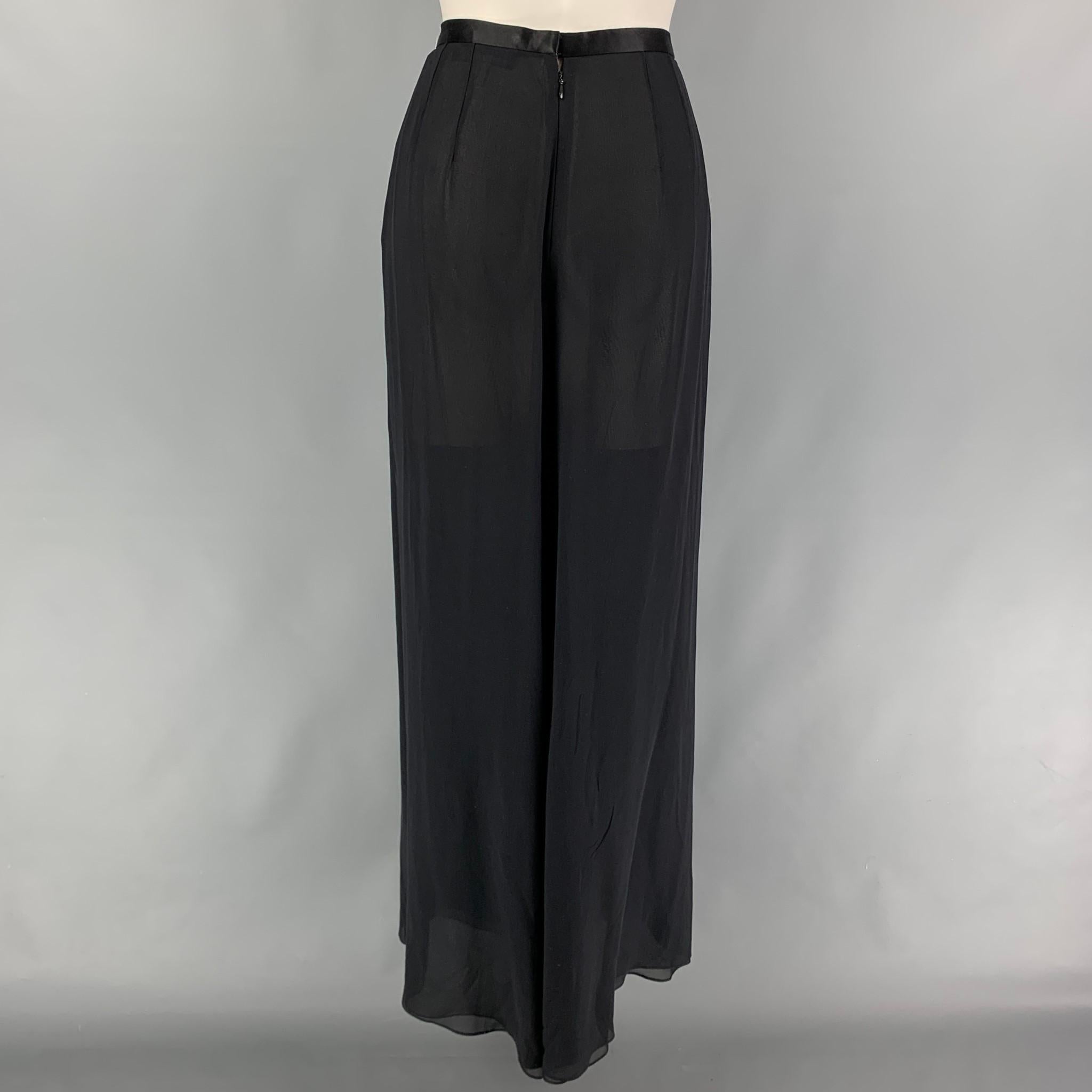RALPH LAUREN Collection pants comes in a black silk featuring a wide leg style, satin trim, high waist, and a back zip up closure. 

Very Good Pre-Owned Condition.
Marked: 8

Measurements:

Waist: 27 in.
Rise: 14.5 in.
Inseam: 31 in. 