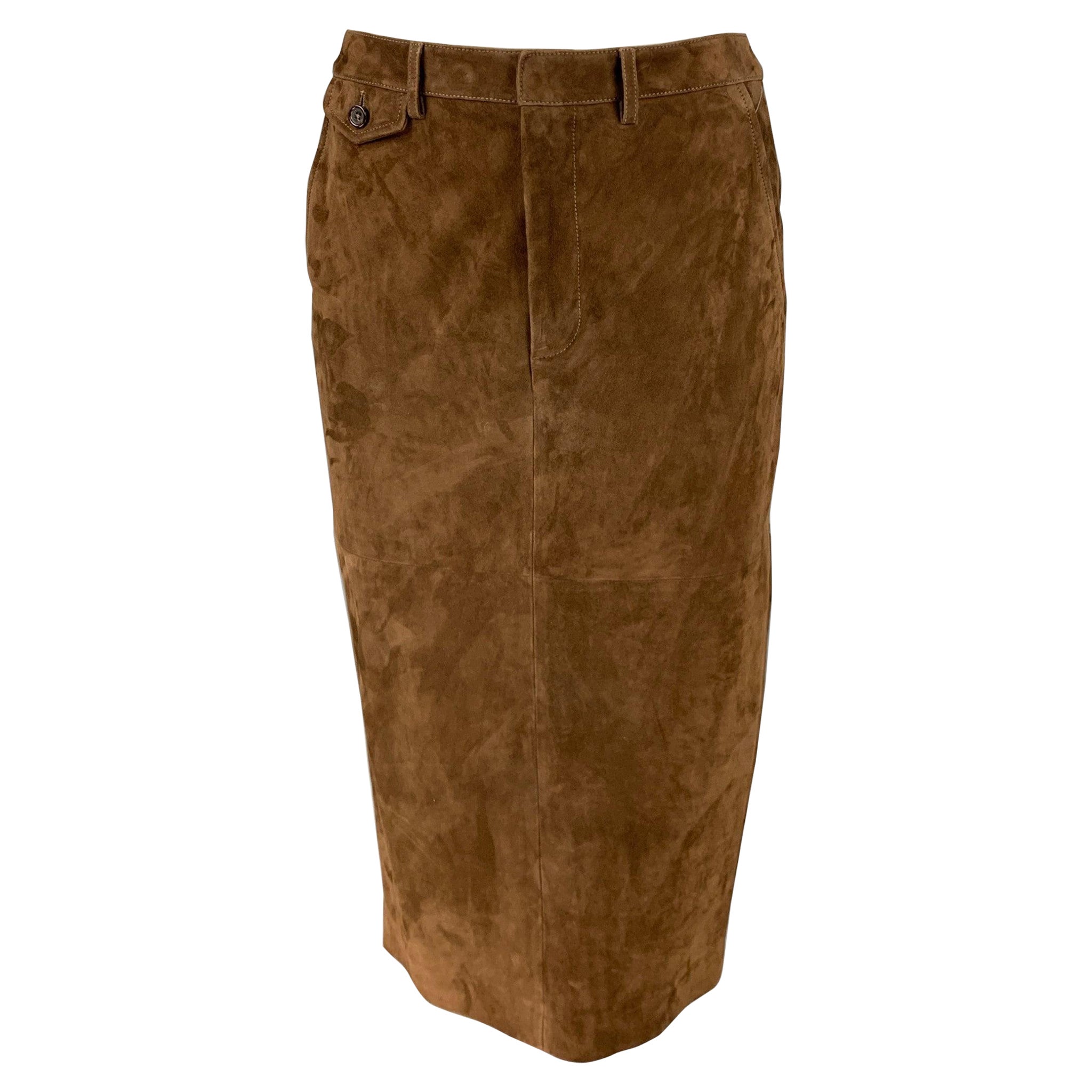 RALPH LAUREN COLLECTION Size 8 Brown Suede Pencil Mid-Calf Skirt