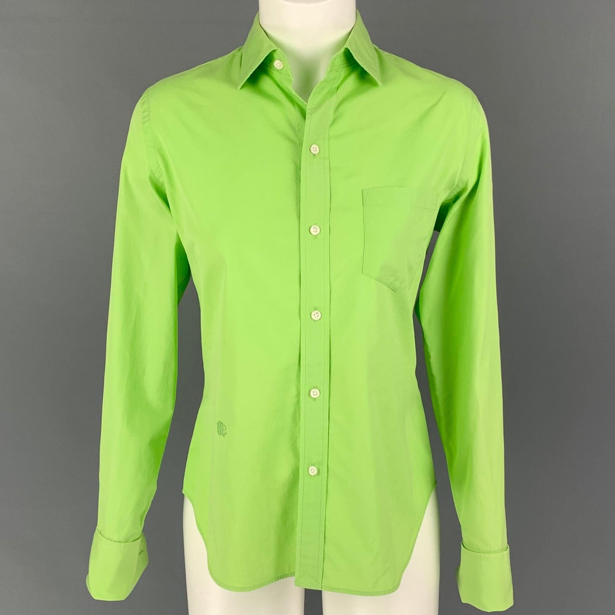 RALPH LAUREN Collection shirt comes in a chartreuse cotton featuring a spread collar, french cuffs, patch pocket, and a button up closure. Cufflinks not included. Very Good
Pre-Owned Condition. 

Marked:   8 

Measurements: 
 
Shoulder:
15 inches 
