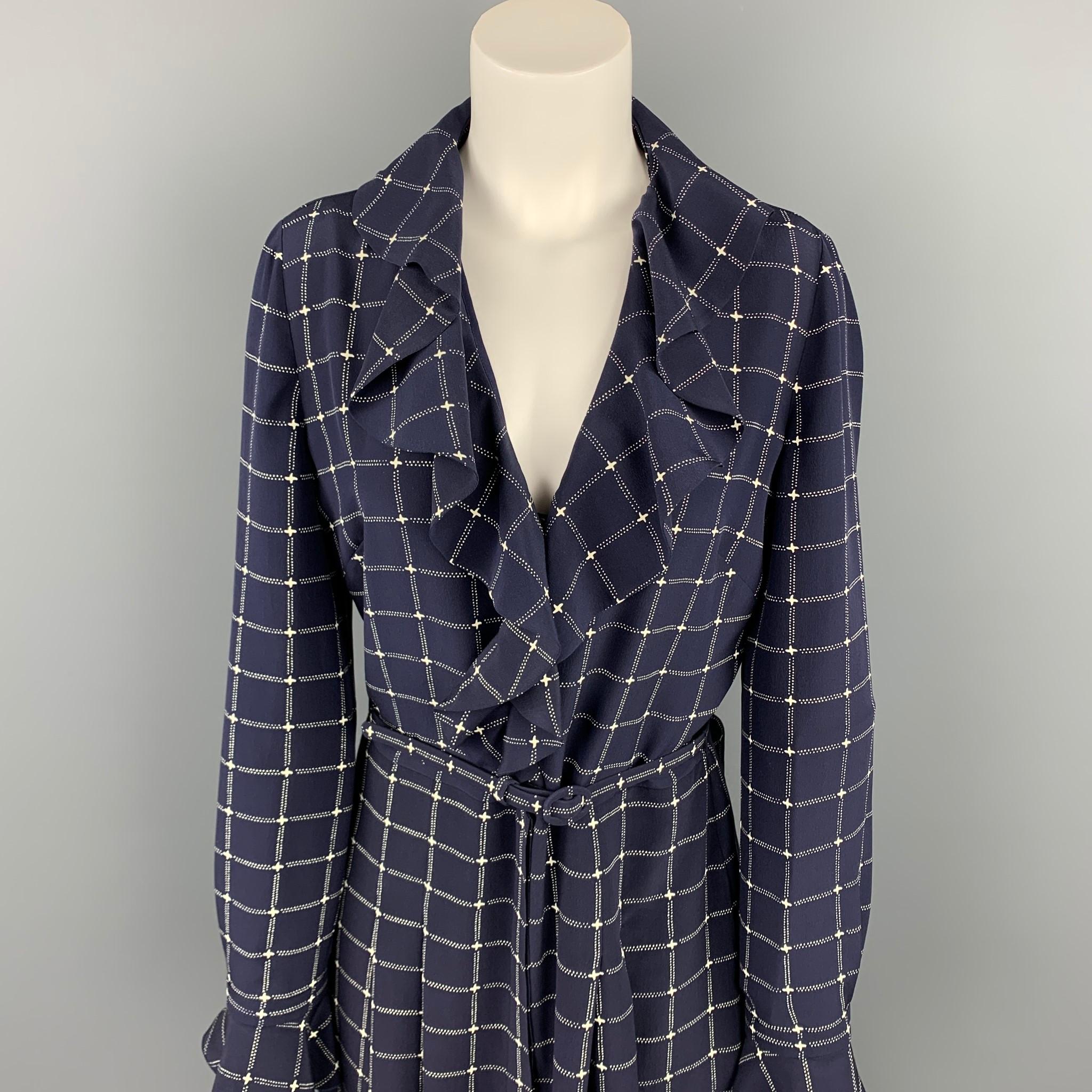 RALPH LAUREN Collection dress comes i a navy & white checkered silk featuring a a-line skirt, belted, ruffled, and a buttoned closure.

Very Good Pre-Owned Condition.
Marked: 8
Original Retail Price: $2,490.00

Measurements:

Shoulder: 16 in.
Bust: