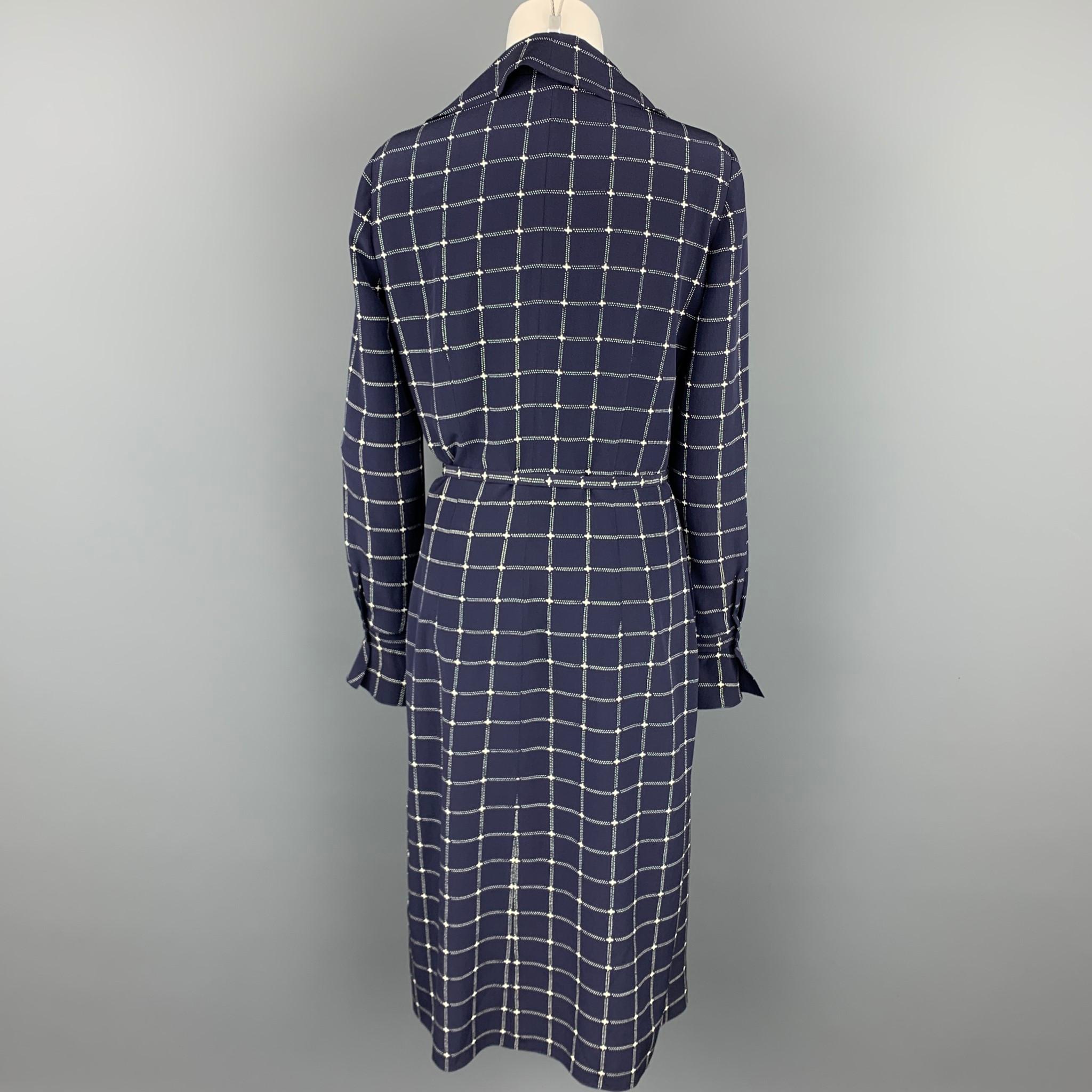 RALPH LAUREN Collection Size 8 Navy & White Checkered Silk Belted Dress In Good Condition In San Francisco, CA