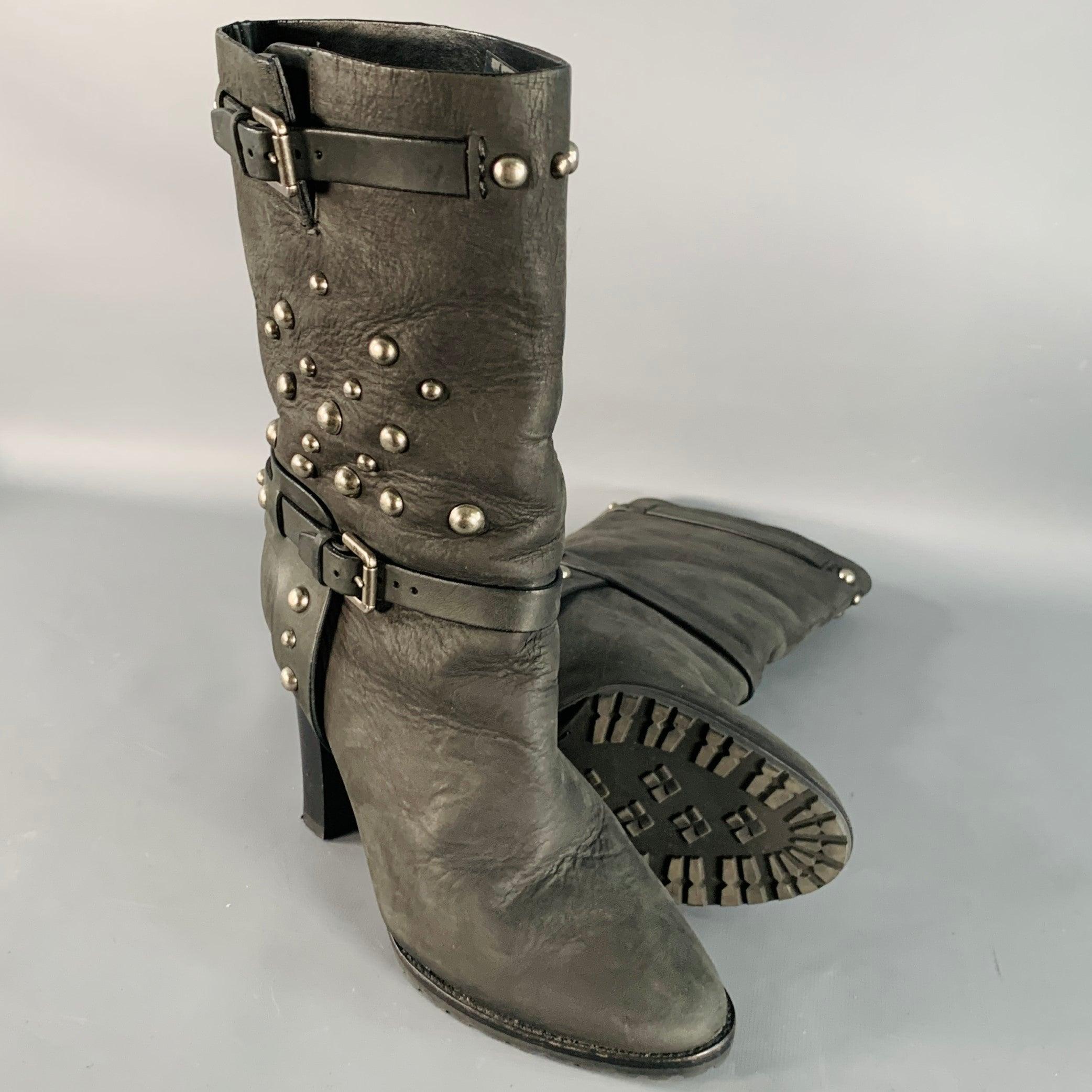 Donna RALPH LAUREN COLLECTION Size 8.5 Black Studded Stacked Heel Pull On Boots in vendita