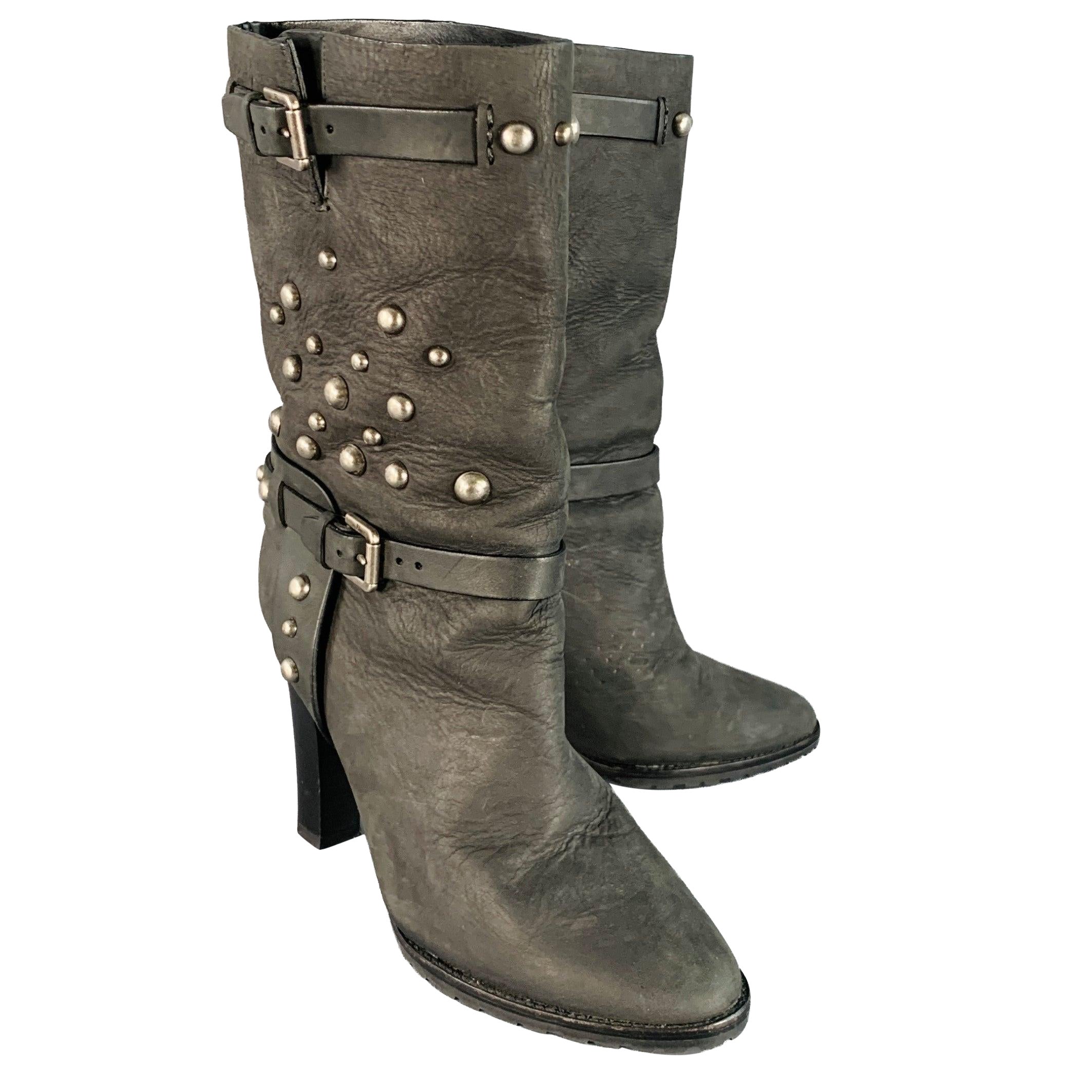 RALPH LAUREN COLLECTION Taille 8.5 Black Studded Stacked Heel Pull On Boots
