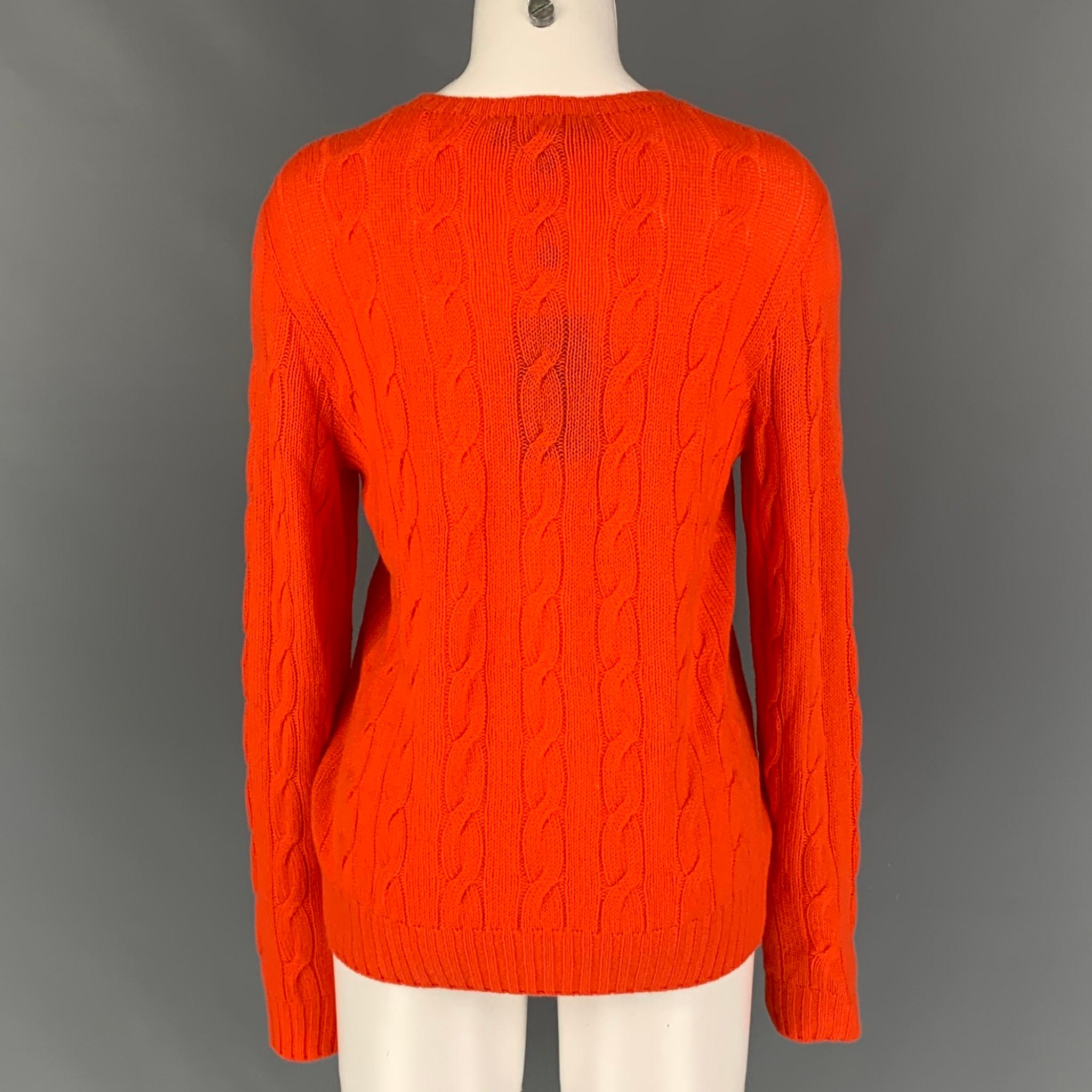 RALPH LAUREN Collection Size L Orange Cashmere Cable Knit Crew-Neck Sweater In New Condition In San Francisco, CA