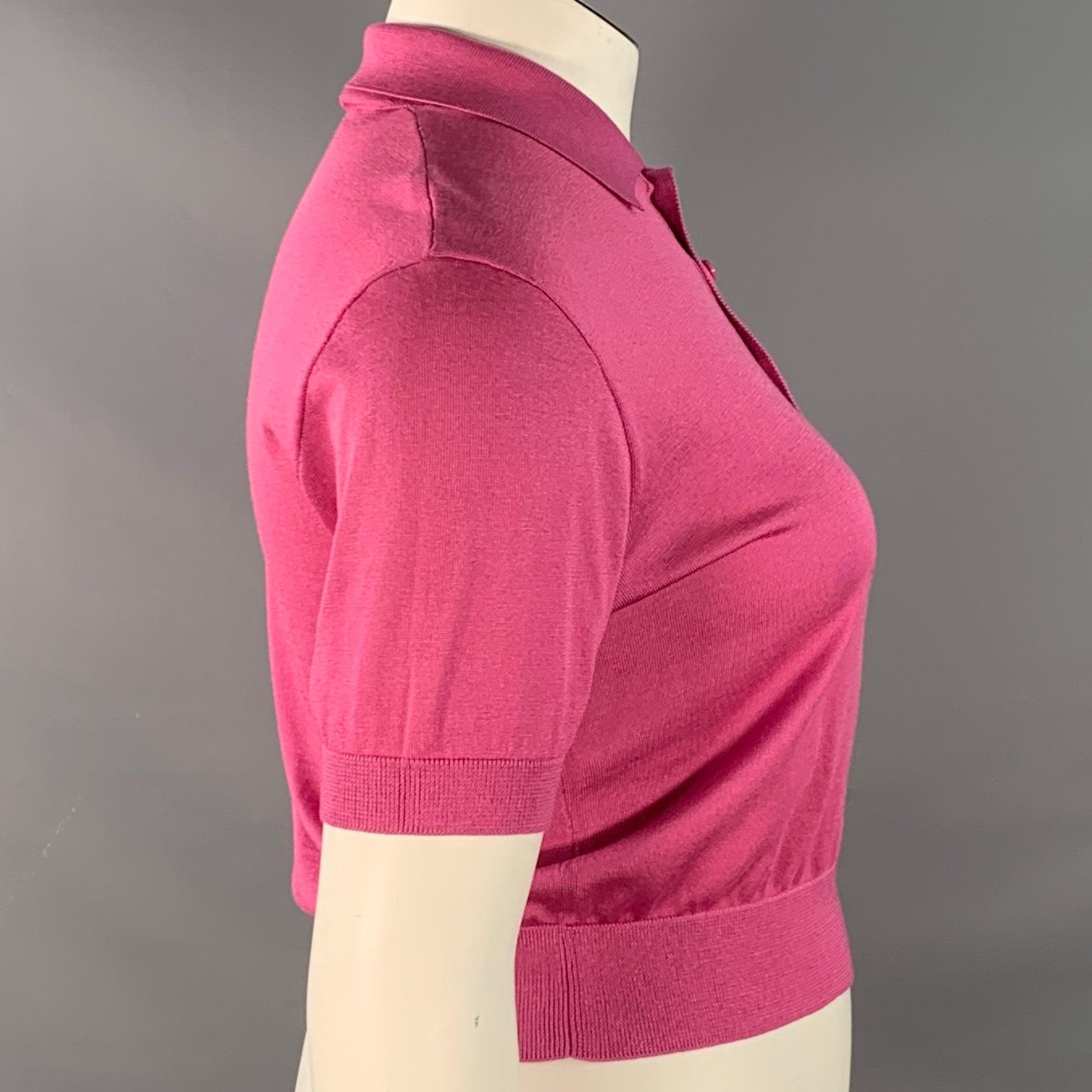 Rose RALPH LAUREN COLLECTION Size L Pink Raspberry Mulberry Silk Embroidered Polo Casual Top en vente