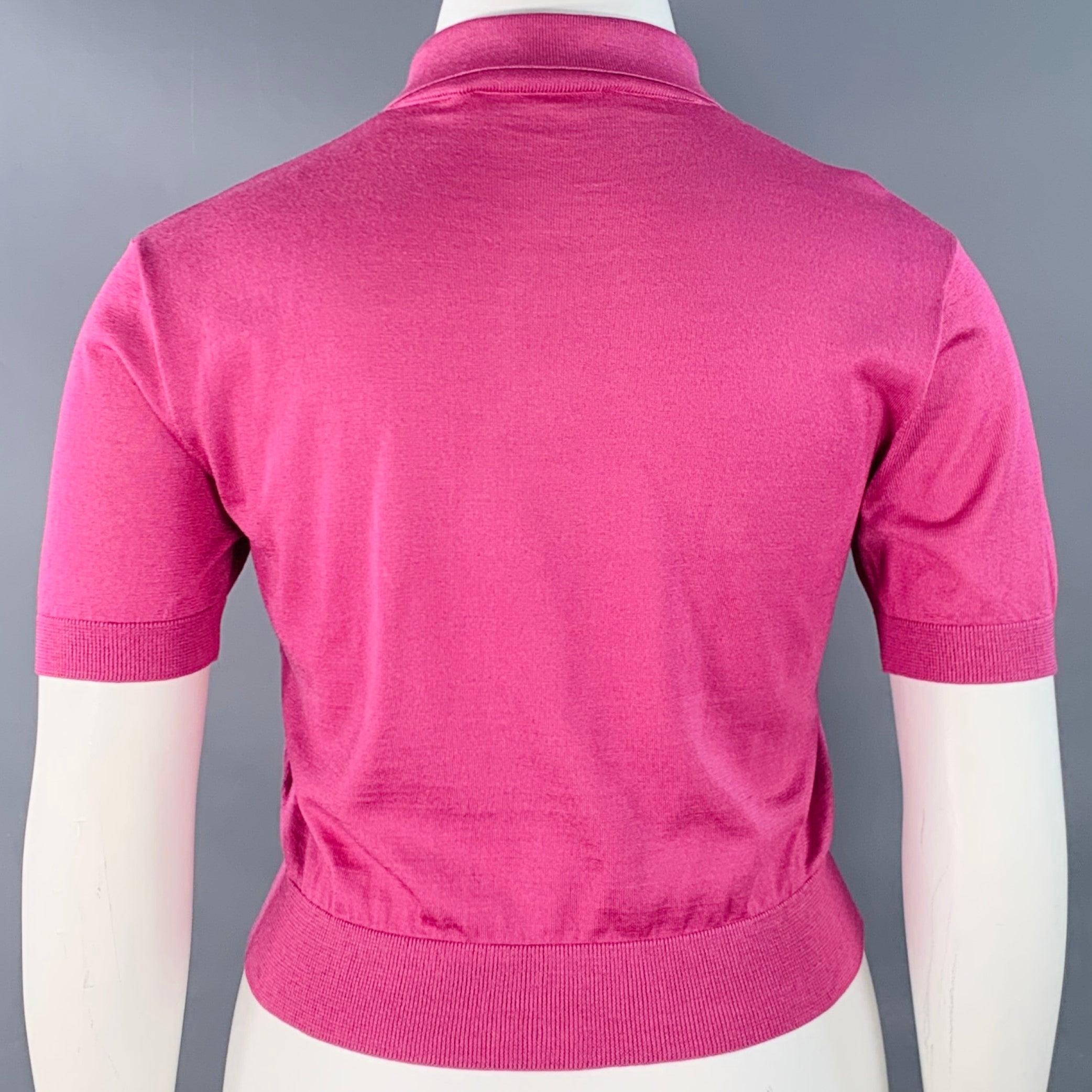 RALPH LAUREN COLLECTION Size L Pink Raspberry Mulberry Silk Embroidered Polo Casual Top Excellent état - En vente à San Francisco, CA
