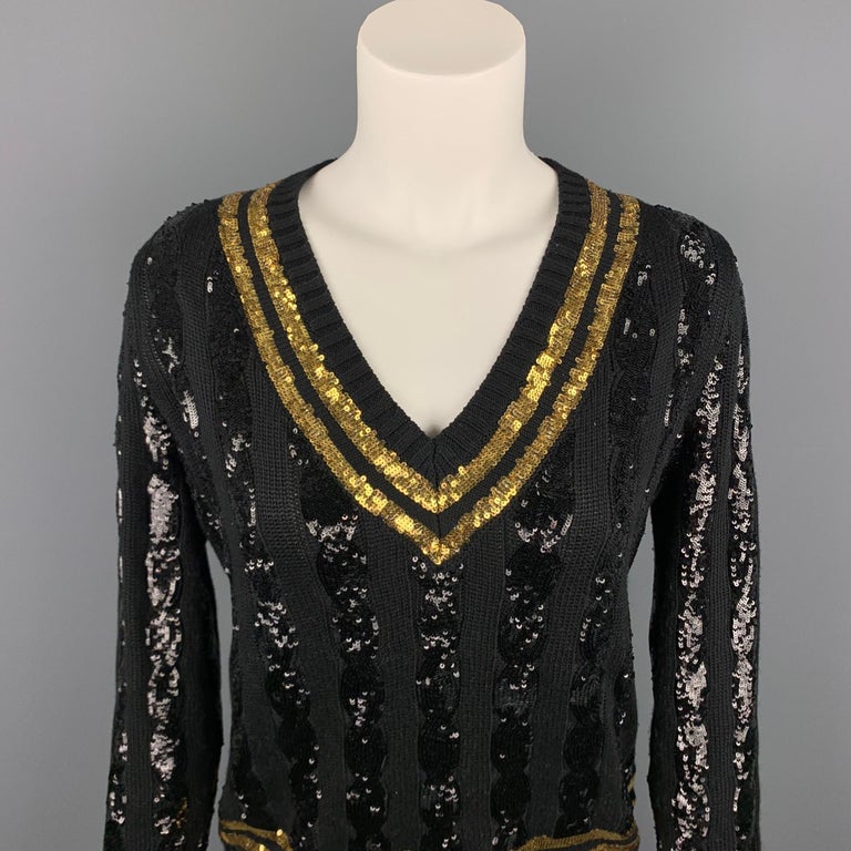 RALPH LAUREN Collection Size M Black and Gold Sequined Striped Silk Sweater  at 1stDibs