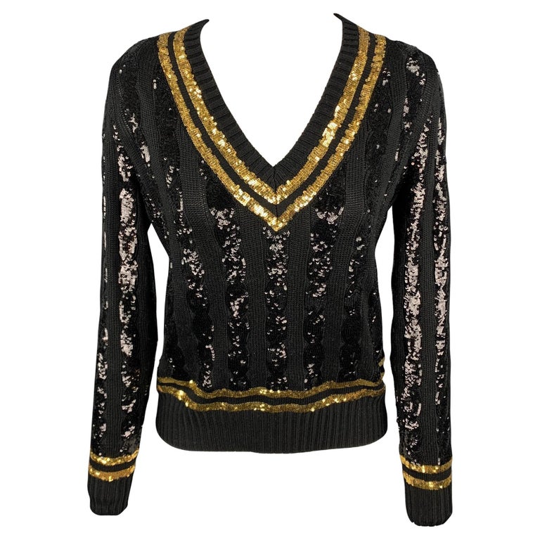 RALPH LAUREN Collection Size M Black and Gold Sequined Striped Silk Sweater  at 1stDibs | black and gold sweaters, black and gold polo sweater, black gold  sweater
