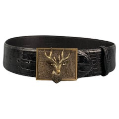 RALPH LAUREN Collection Size S Black Brass Alligator Stag Head Belt