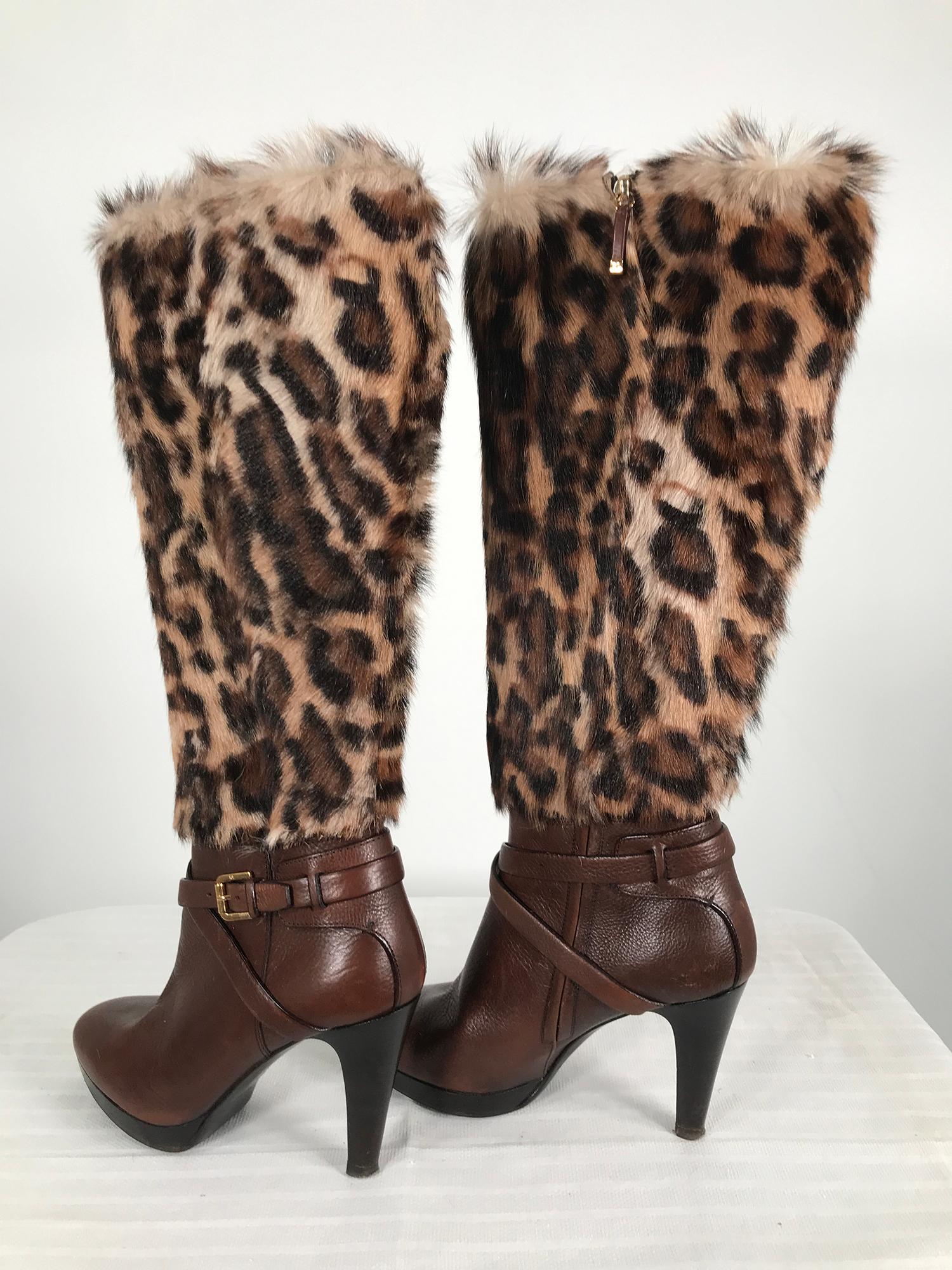 Black Ralph Lauren Collection Spotted Fur & Leather High Heel Platform Boots 8B