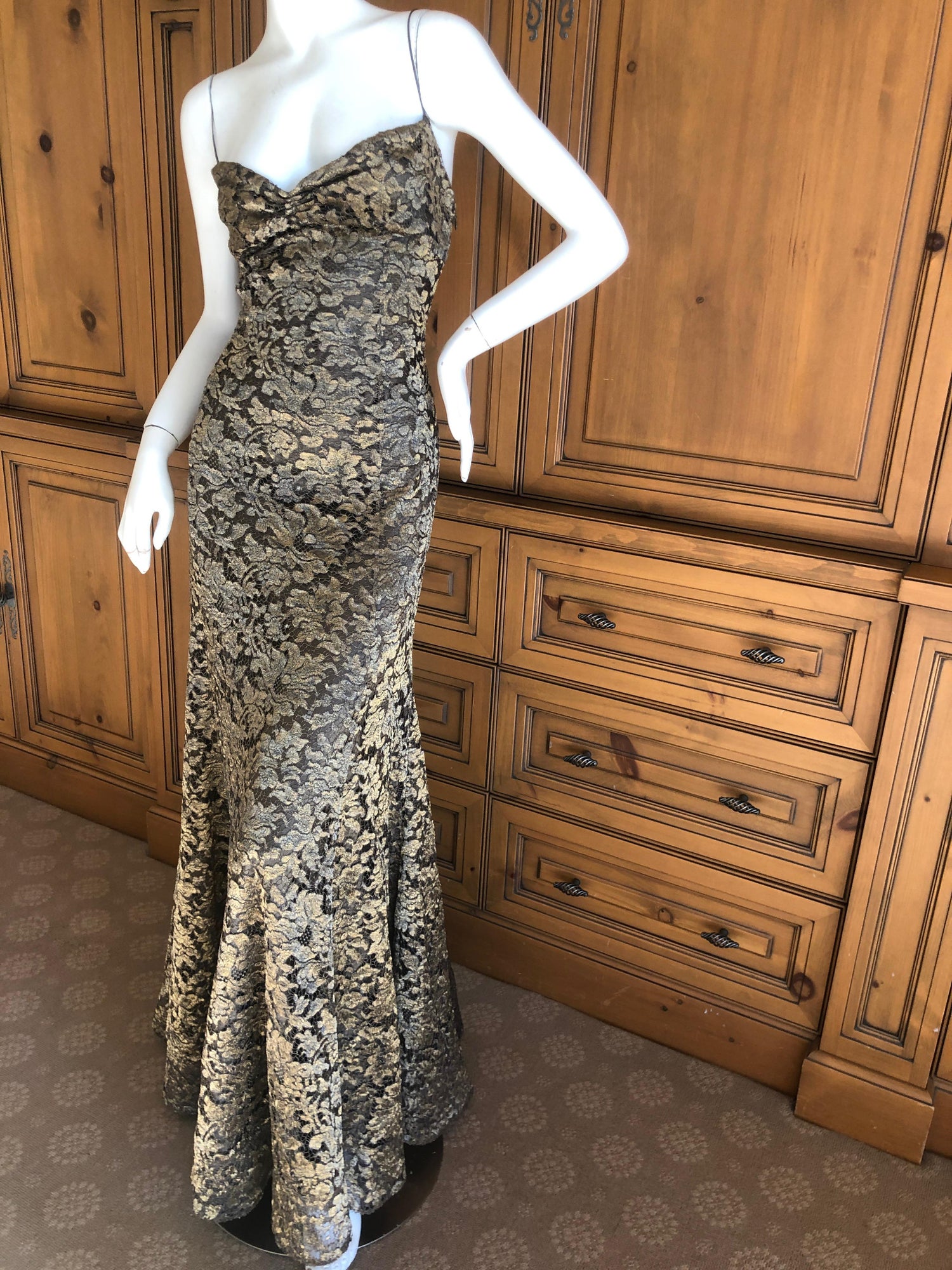 Ralph Lauren Collection Vintage Gold Thread Lace Evening Dress For Sale at  1stDibs | ralph lauren gold dress