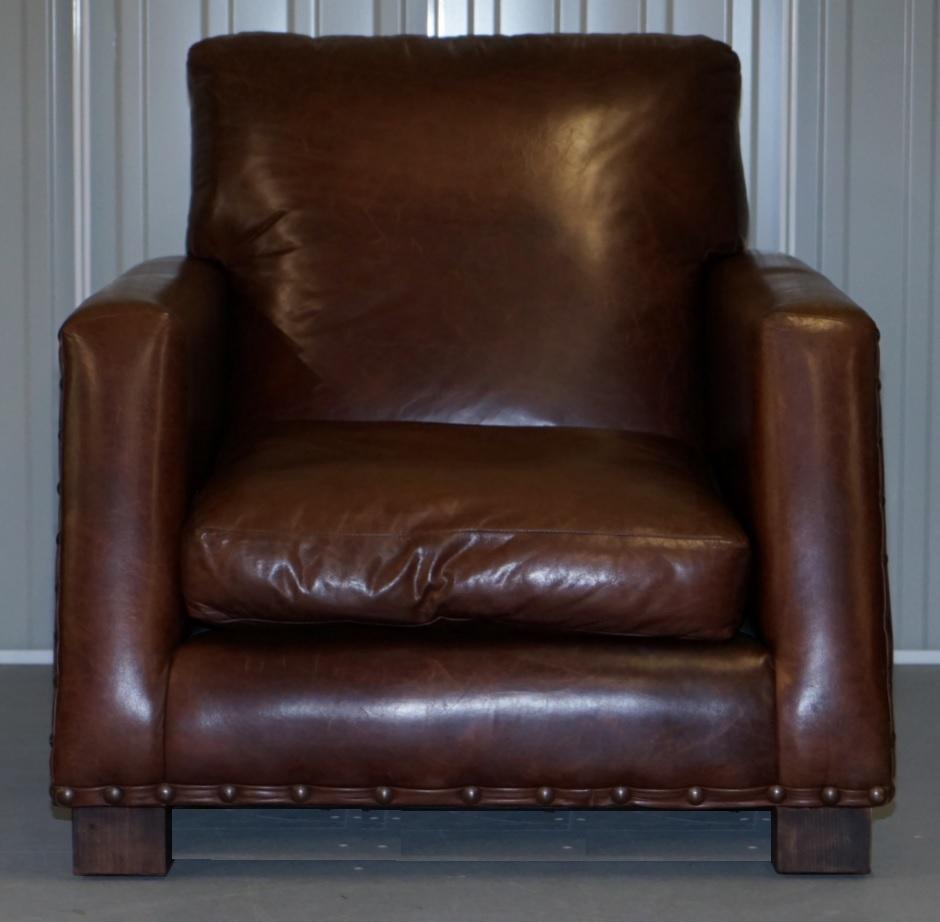 Modern Ralph Lauren Contemporary Brown Leather Buffalo Leather Armchair & Ottoman