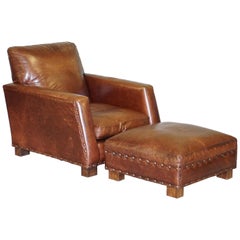 Ralph Lauren Contemporary Brown Leather Buffalo Leather Armchair & Ottoman