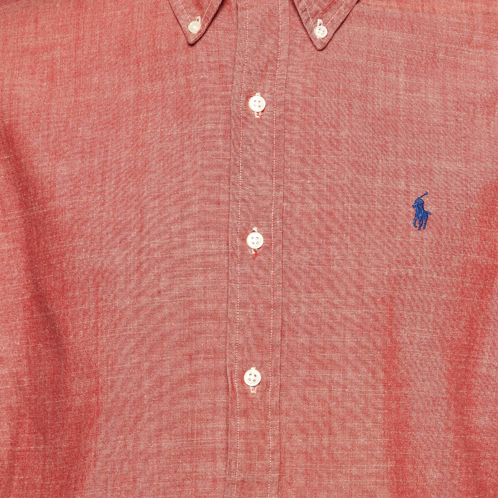 Rosso Ralph Lauren, camicia in cotone rosso corallo con bottoni a pressione M. in vendita