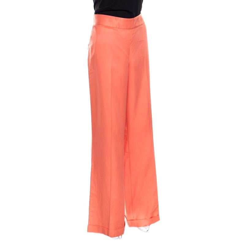 Orange Ralph Lauren Coral Silk Twill Side Button Detail Wide Leg Pants L