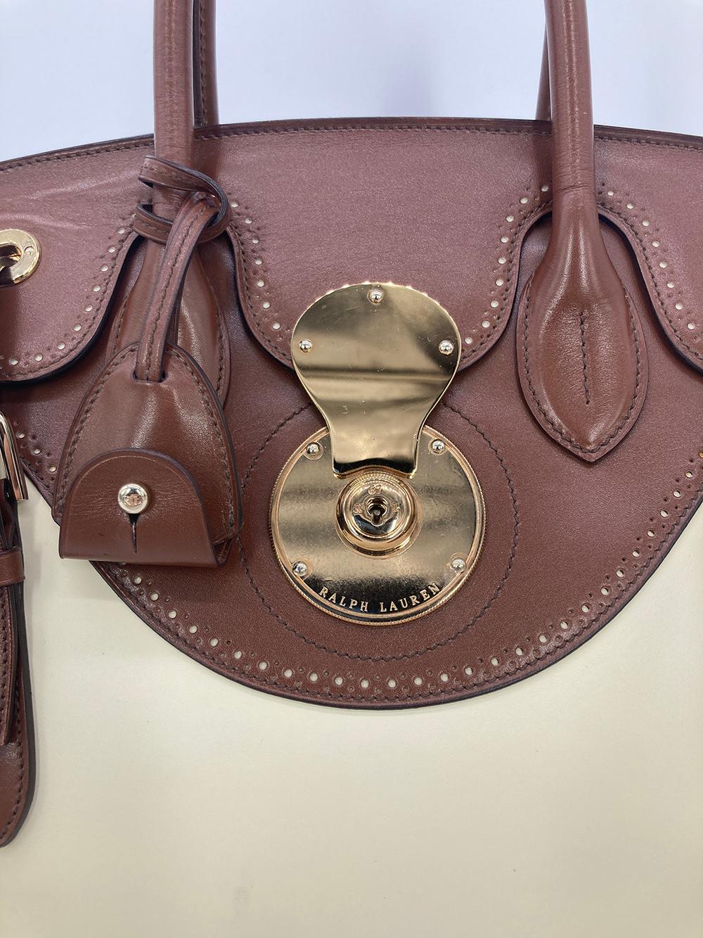 Ralph Lauren Cream and Brown Leather Rickey Bag In Good Condition For Sale In Philadelphia, PA