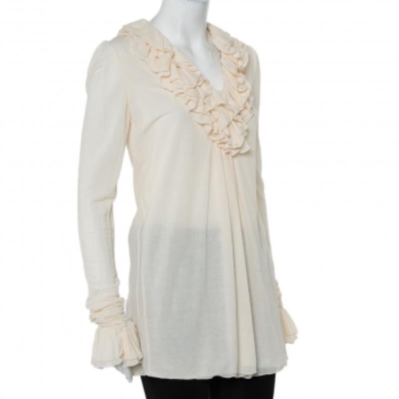 Ralph Lauren Cream Cotton Long Sleeve Ruffled Tunic M For Sale 1