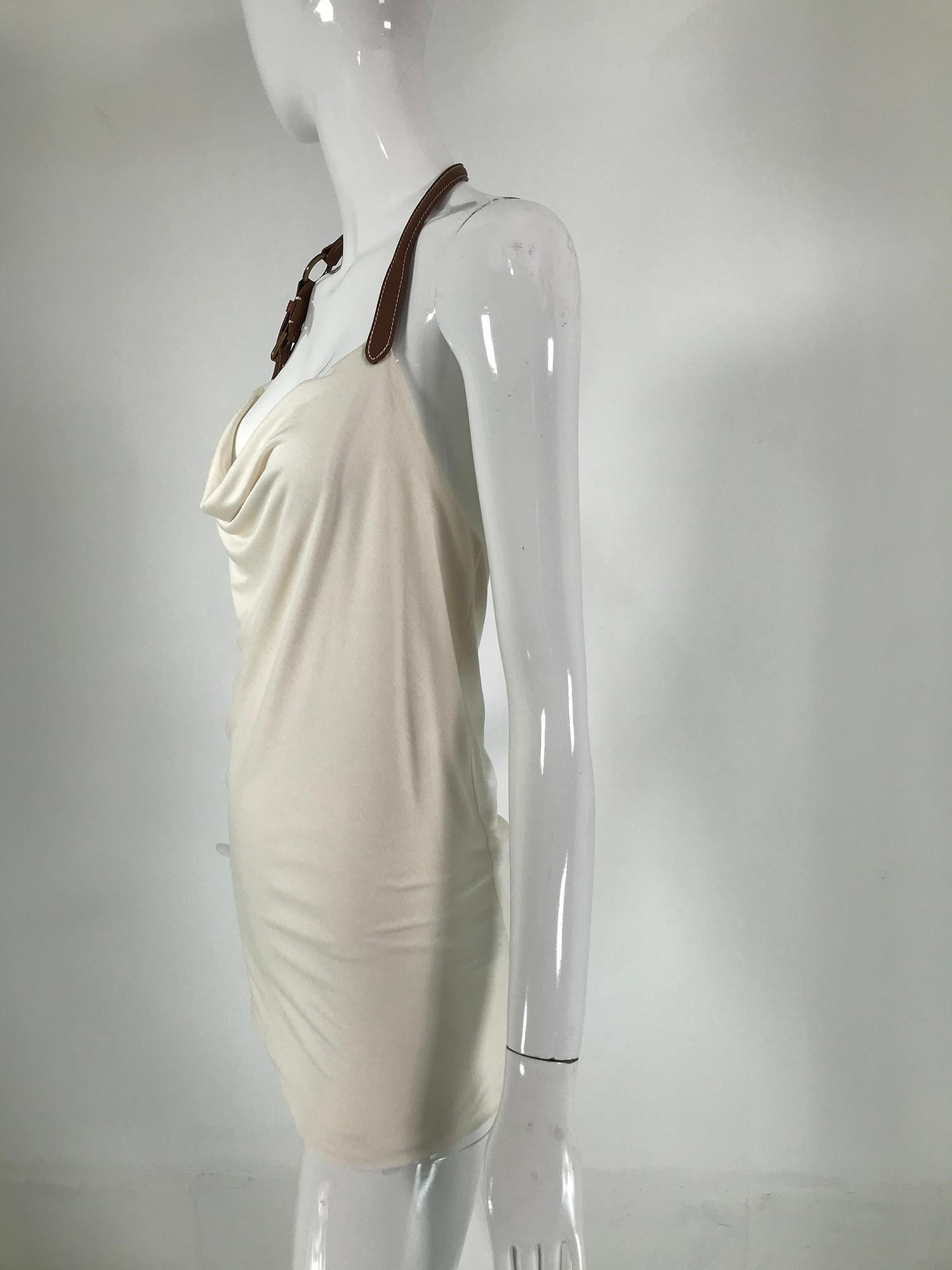 Gray Ralph Lauren Cream Silk Leather Harness Strap & Buckle Halter Dress/Top