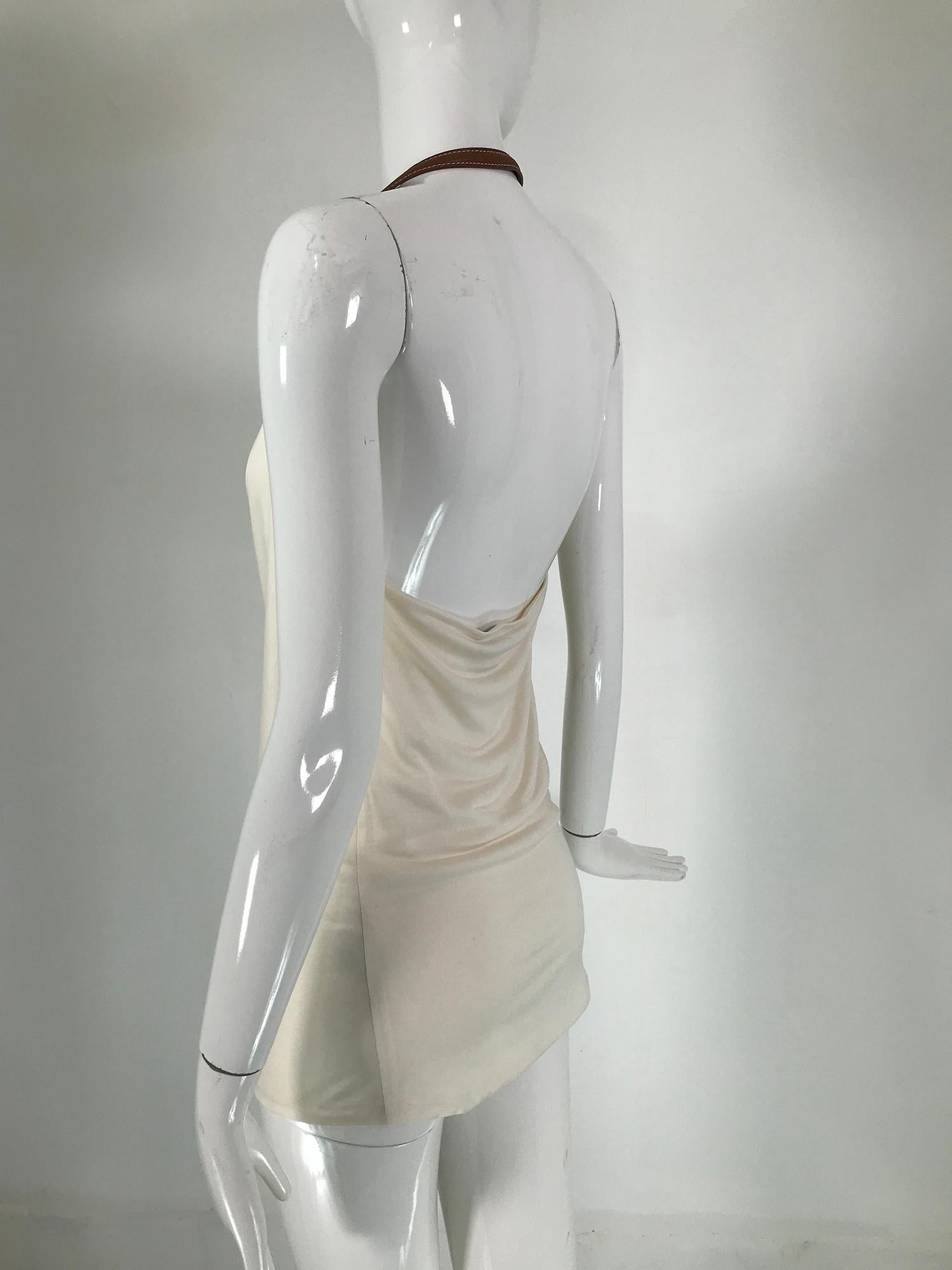 Women's Ralph Lauren Cream Silk Leather Harness Strap & Buckle Halter Dress/Top