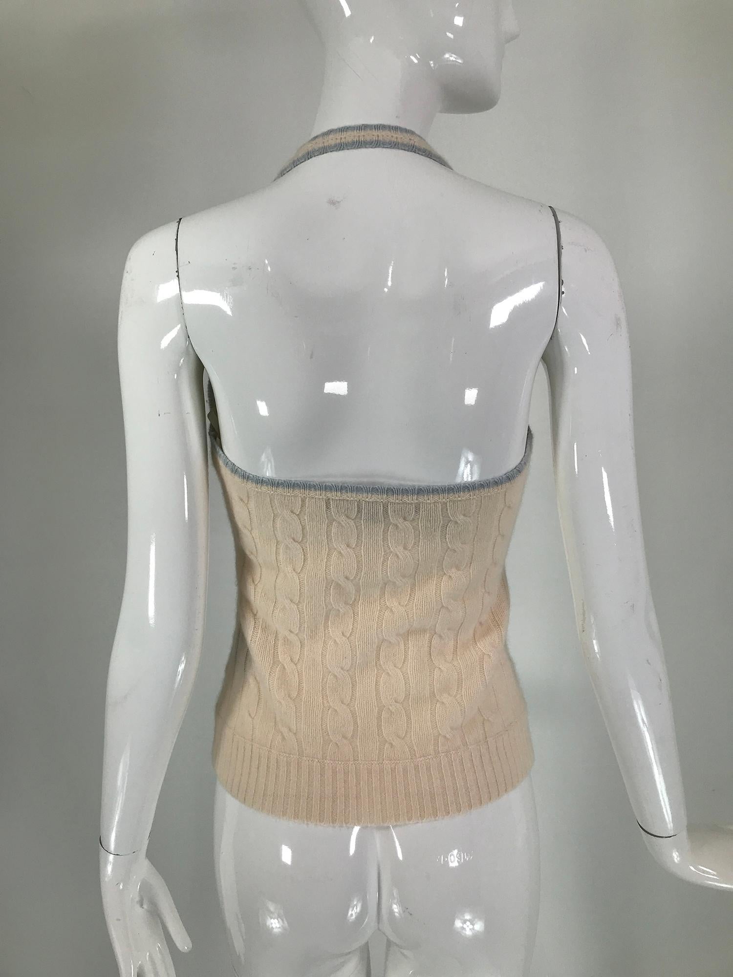 White Ralph Lauren Cream & Sky Blue Cashmere Cable Knit Halter top