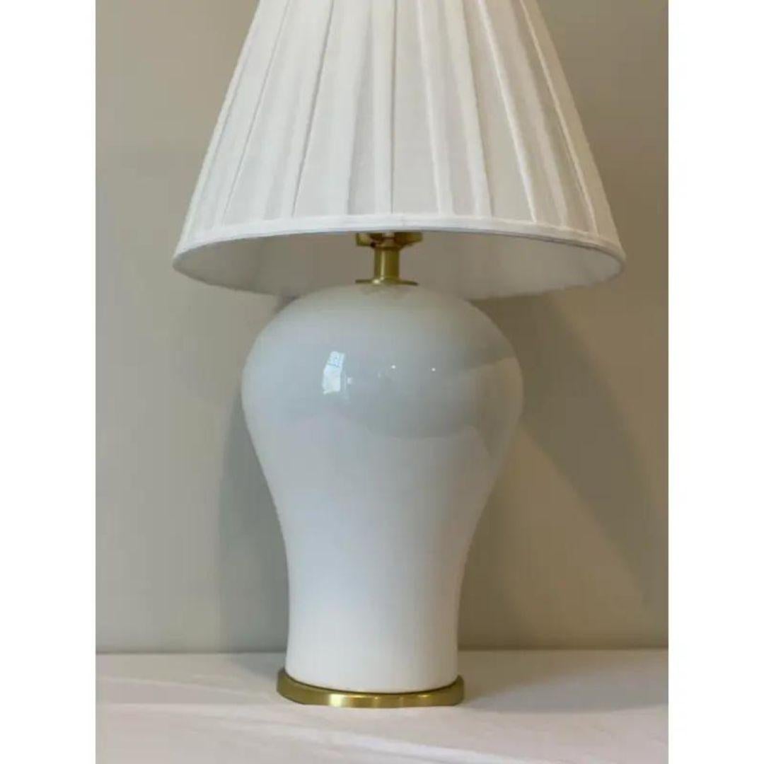 Modern Ralph Lauren Creamy White Crackle and Brass Ginger Jar Lamp With Pleated Shade For Sale