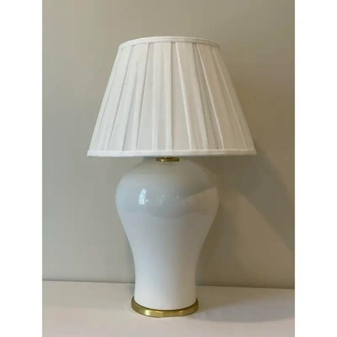 American Ralph Lauren Creamy White Crackle and Brass Ginger Jar Lamp With Pleated Shade For Sale