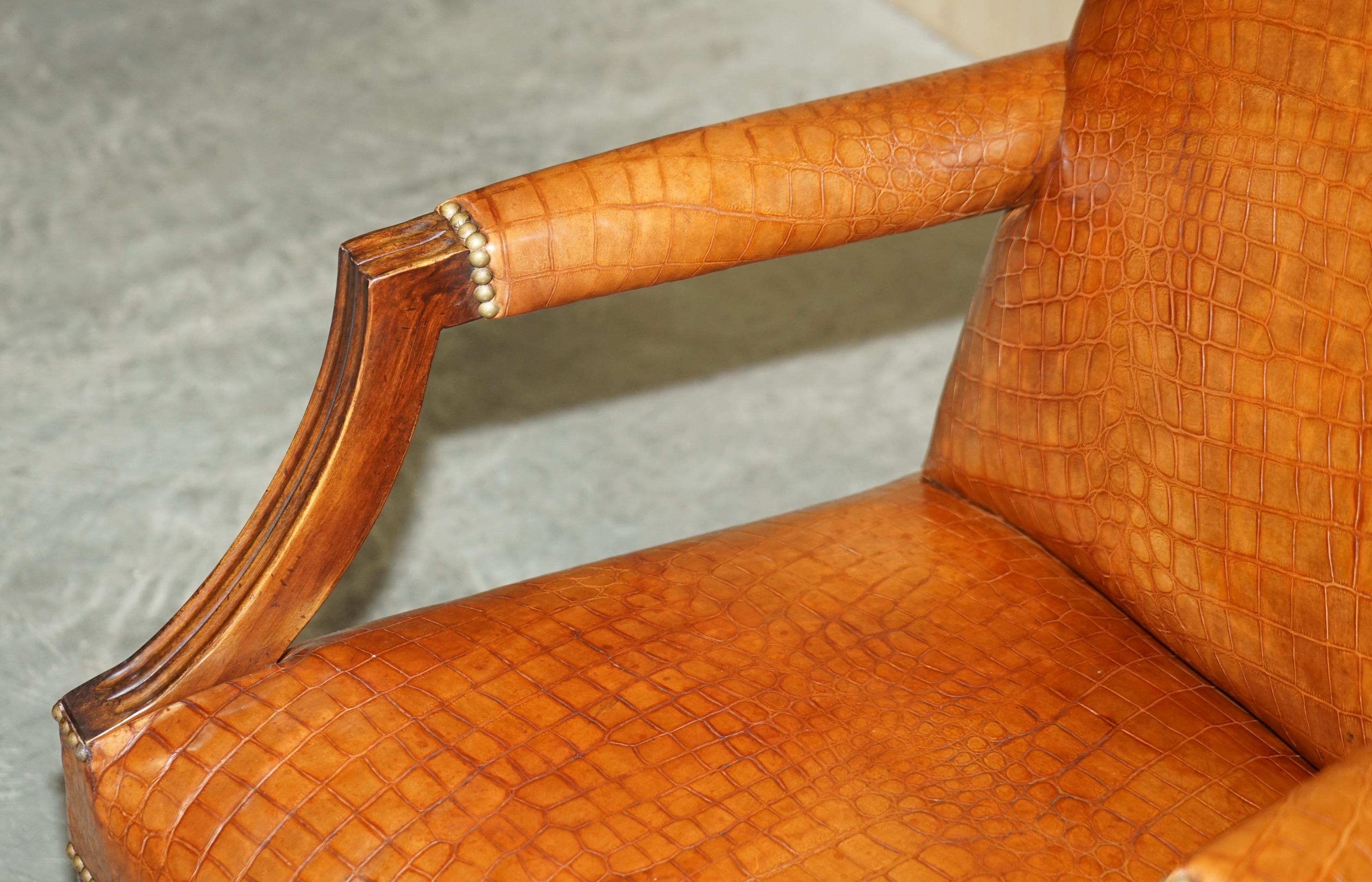 Hand-Crafted Ralph Lauren Crocodile Alligator Brown Leather Patina Reading Throne Armchair