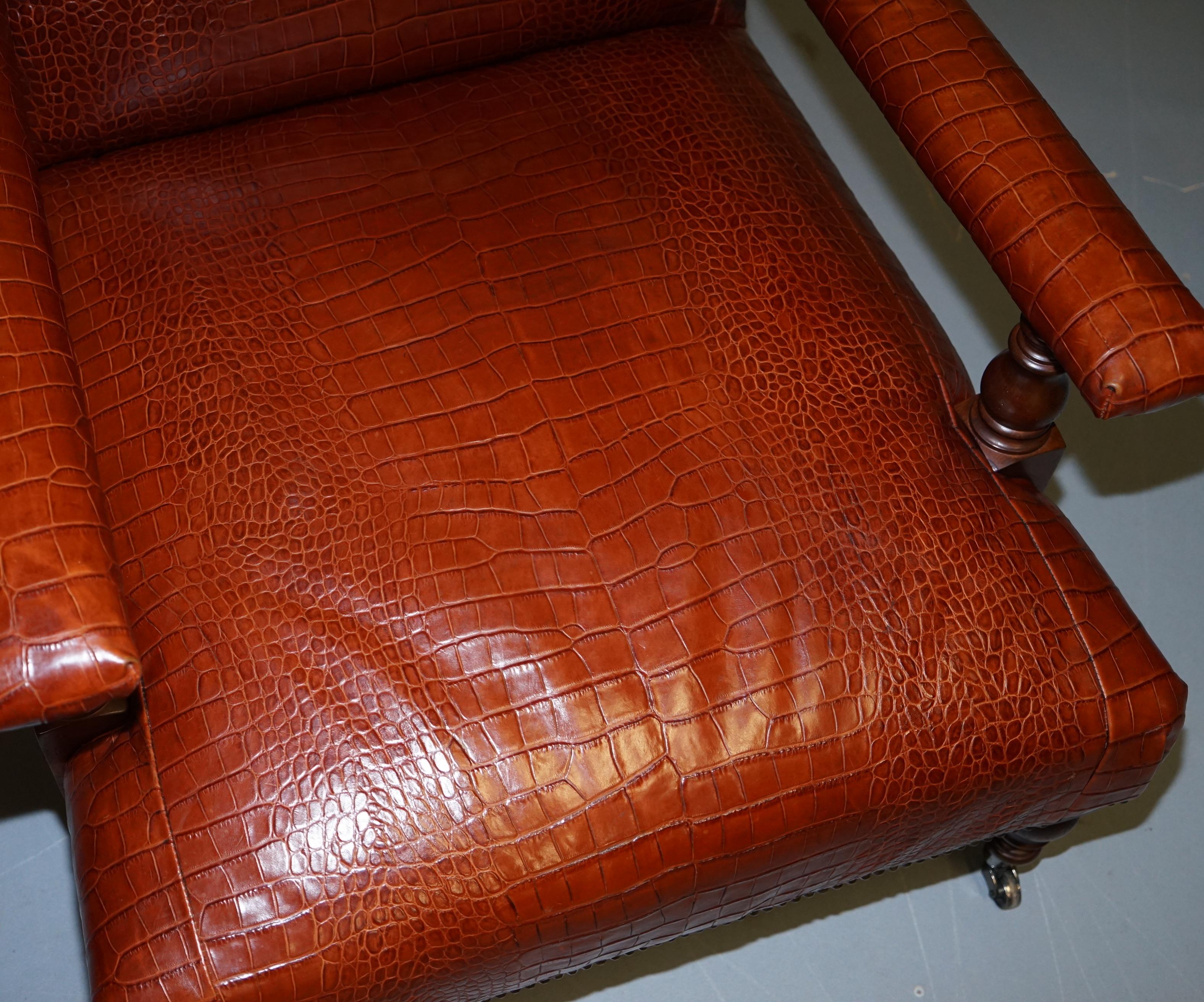 Hand-Crafted Ralph Lauren Crocodile Alligator Patina Brown Leather Library Armchair