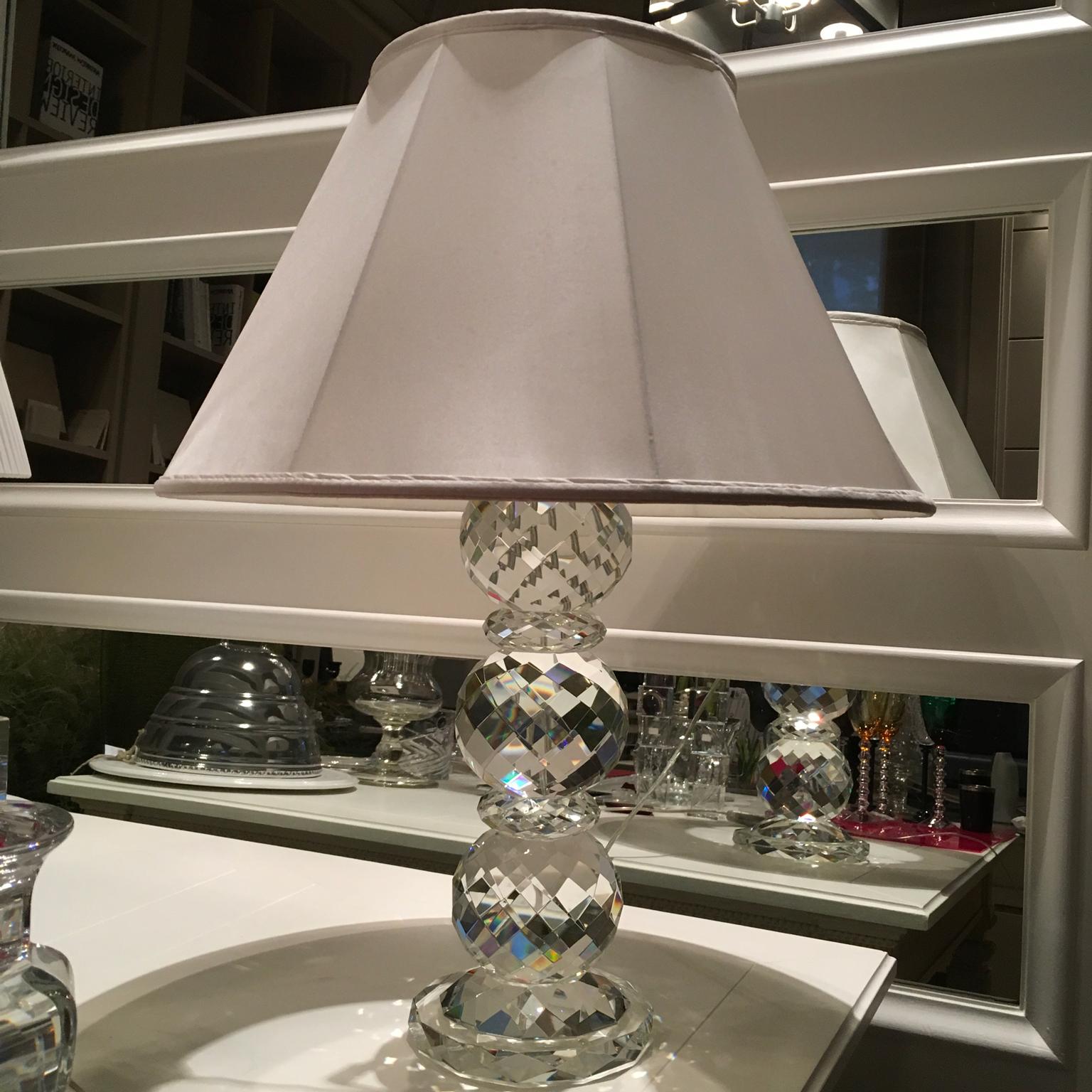 Contemporary Ralph Lauren Crystal Faceted Table Lamp with White Silk Lampshade For Sale