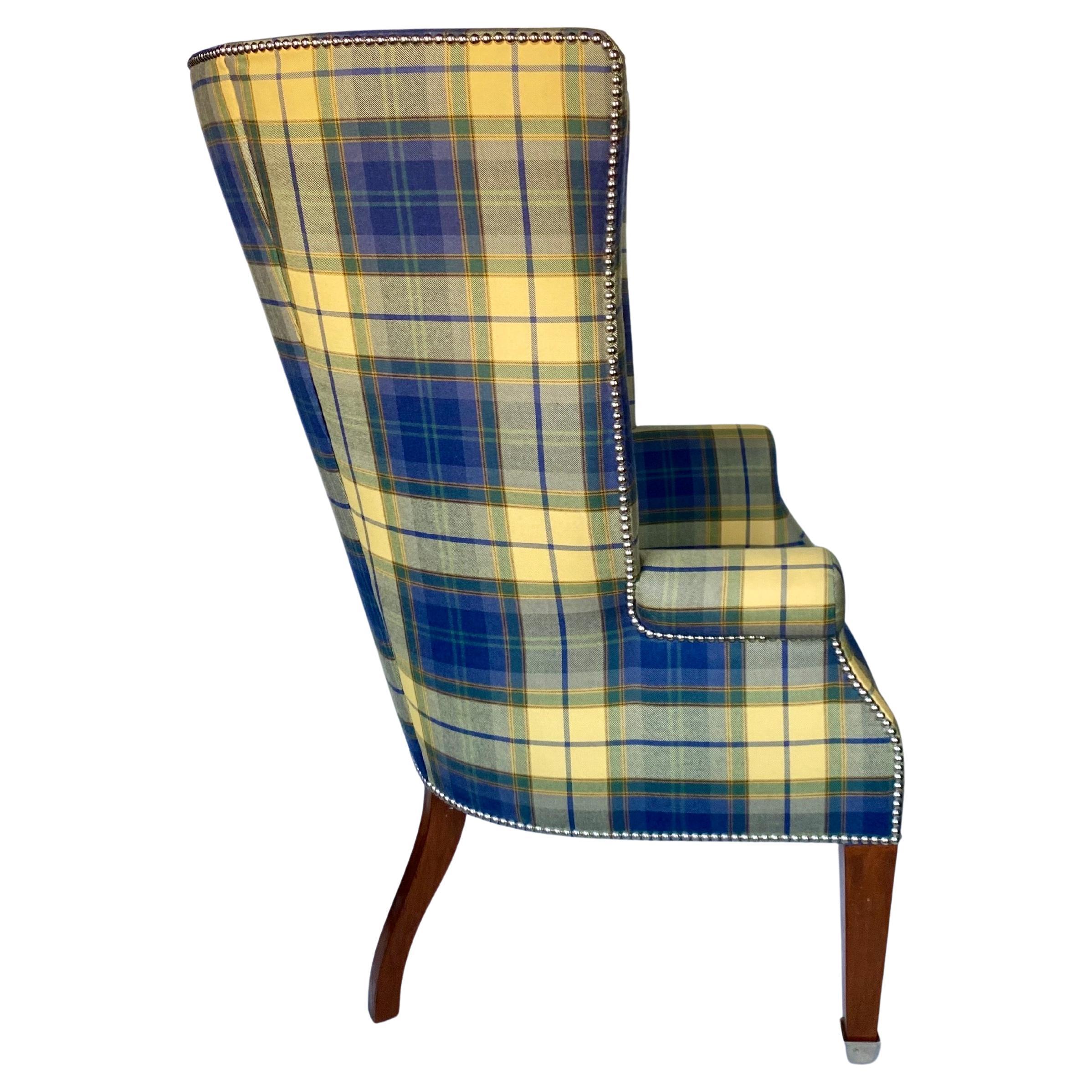 Ralph Lauren Custom Upholstered High Wing Back Hepplewhite Lounge Chair In Good Condition For Sale In Lambertville, NJ