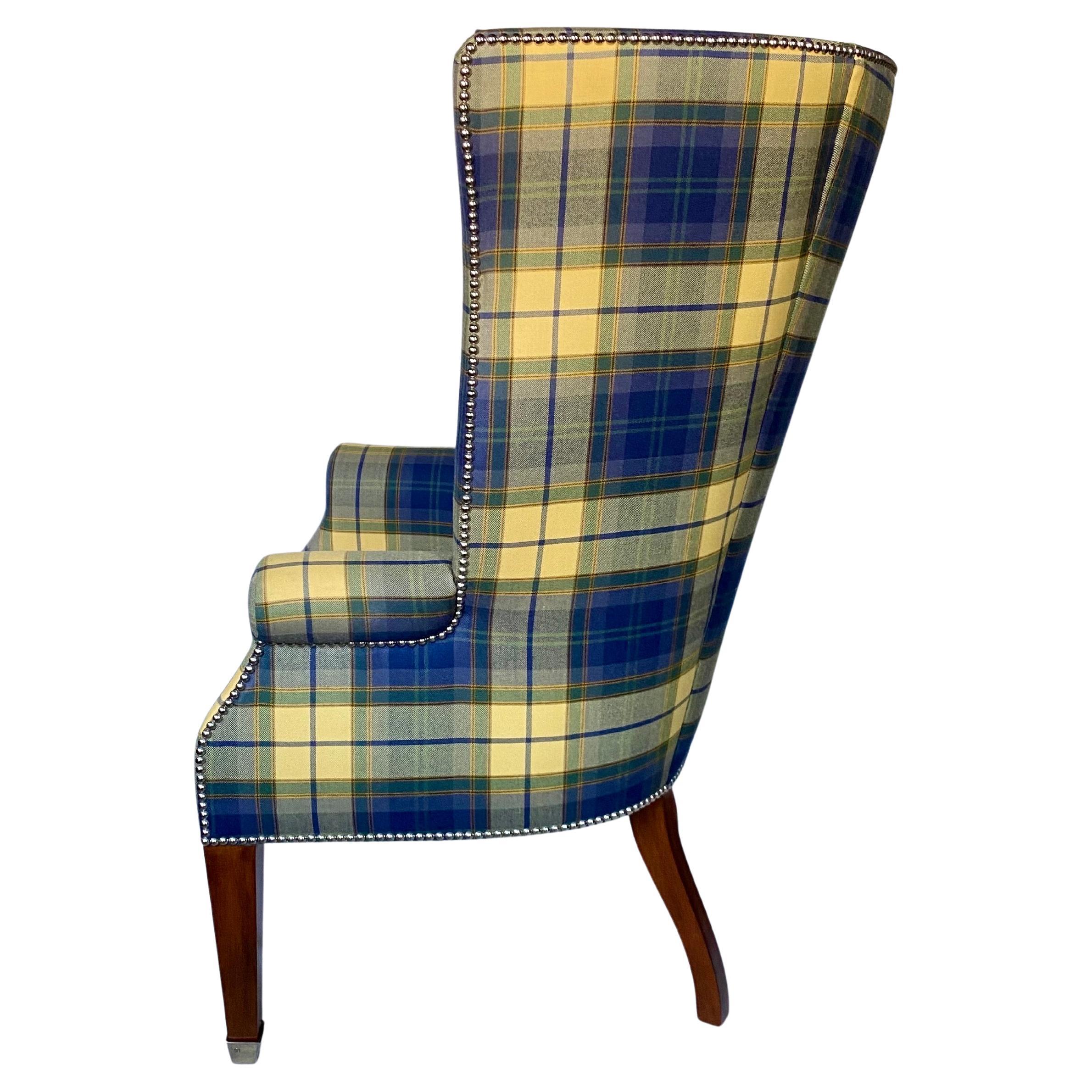 20th Century Ralph Lauren Custom Upholstered High Wing Back Hepplewhite Lounge Chair For Sale