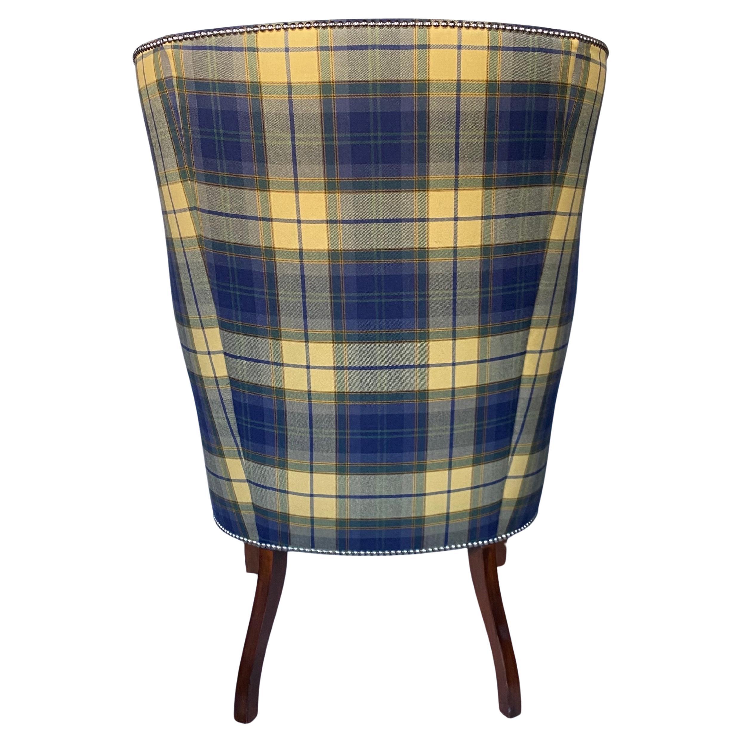 Brass Ralph Lauren Custom Upholstered High Wing Back Hepplewhite Lounge Chair For Sale