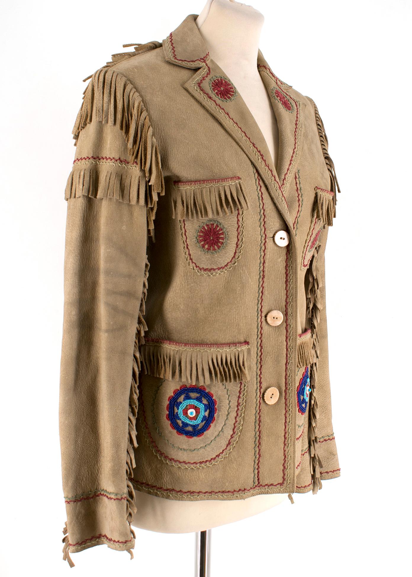 Ralph Lauren Fringe-Trim Leather Jacket with Beaded Embellishment RRP £1550

- Long Sleeve 
- Leather Fringe Trim 
- Three-Down Front Button Fastening 
- Four Front Slip Pockets 

100% Deer Skin 

Made in China 

Dry Clean Only 

Please note, these