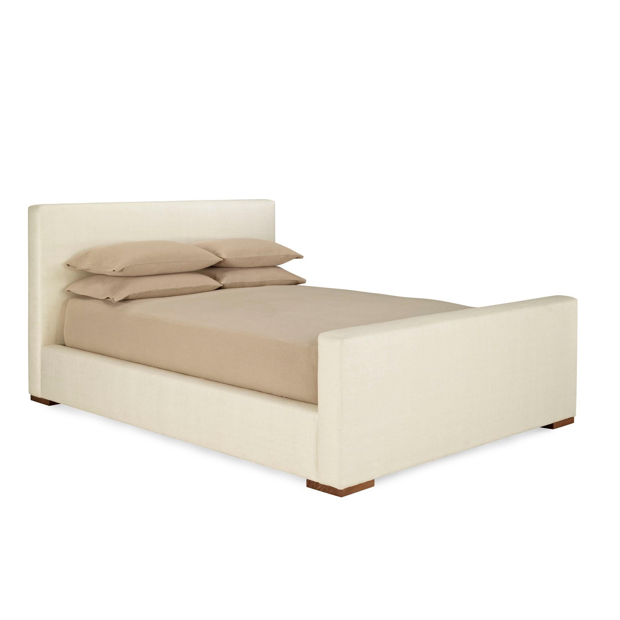 Ralph Lauren desert modern teak and cream silk king bed, custom, organic modern.

Supported by sturdy block feet, this bed embodies chic simplicity with its clean-lined design and padded, allover upholstery. Custom order from Ralph Lauren