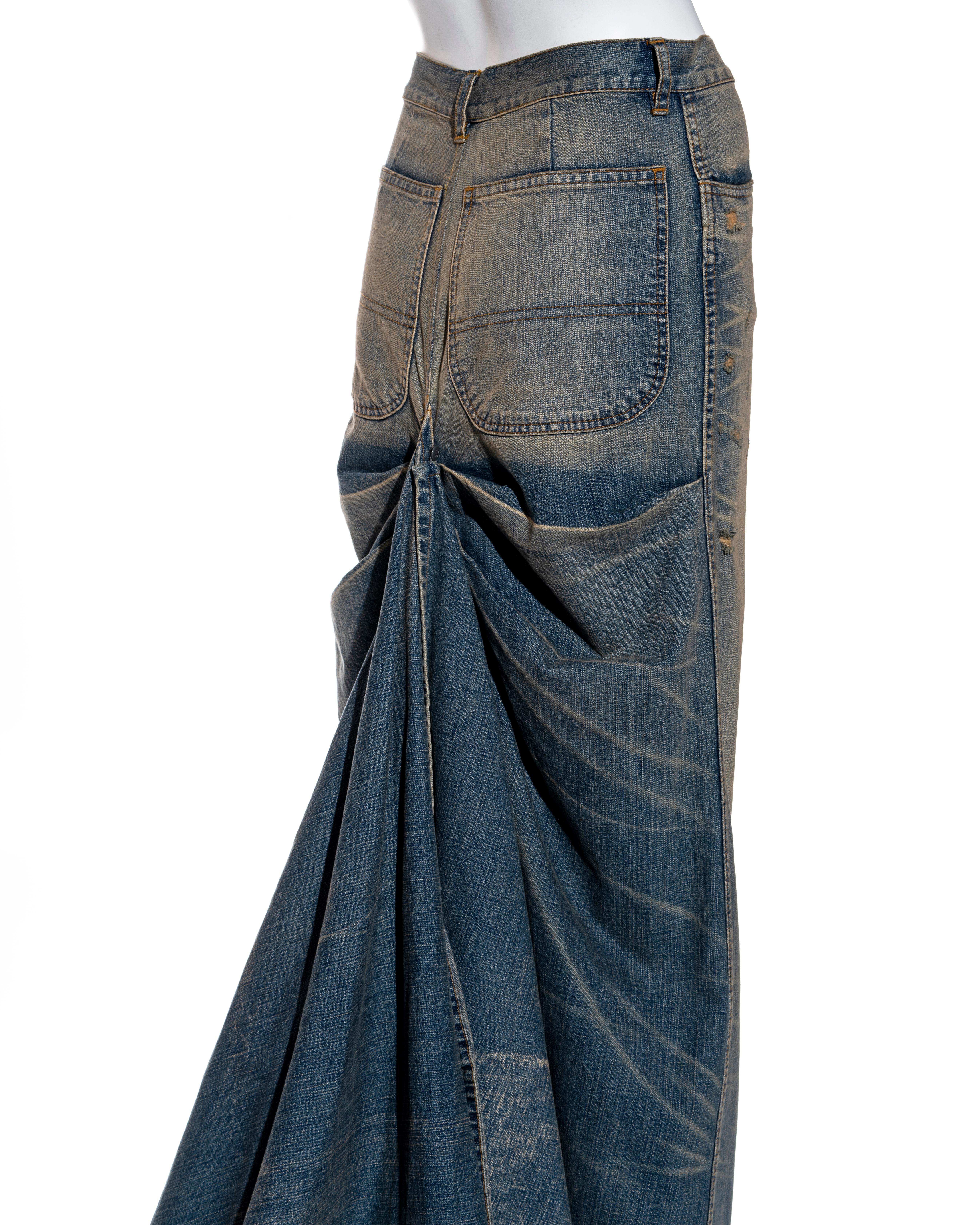 Ralph Lauren distressed denim floor-length bustle skirt with train, ss 2003 2