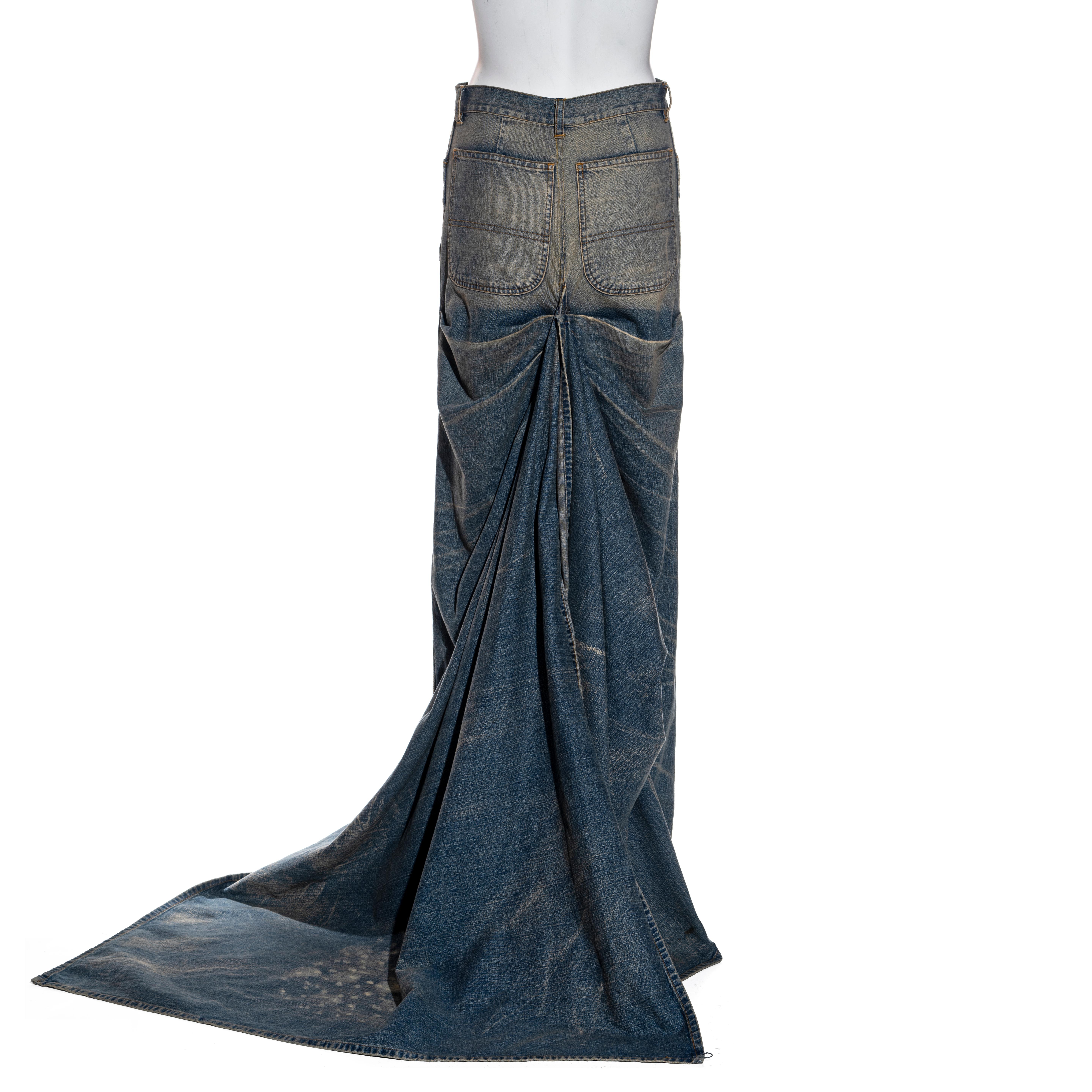 Ralph Lauren distressed denim floor-length bustle skirt with train