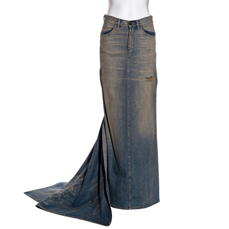 Ralph Lauren distressed denim floor-length bustle skirt with train, ss 2003  For Sale at 1stDibs