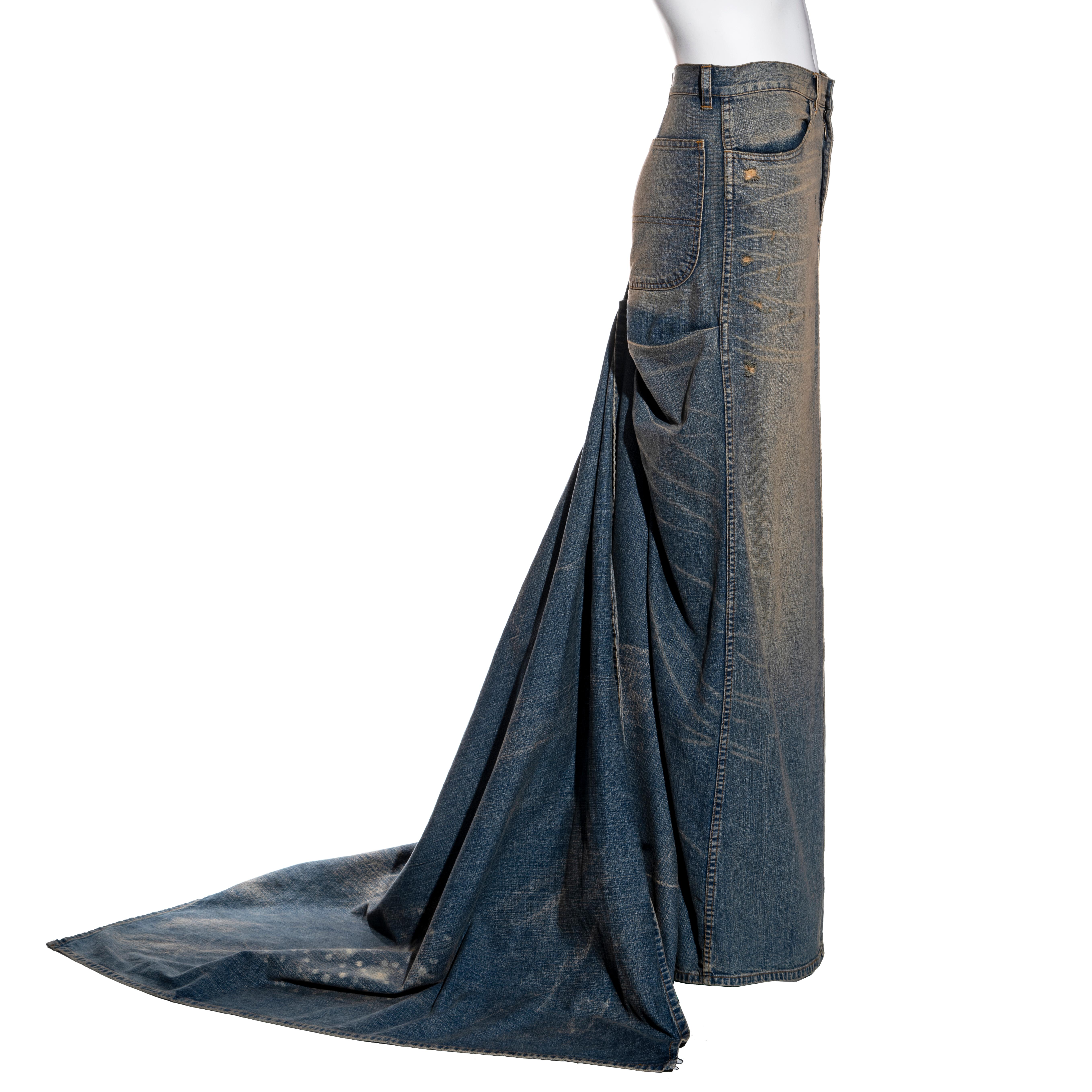 Ralph Lauren distressed denim floor-length bustle skirt with train, ss 2003 In Excellent Condition In London, GB