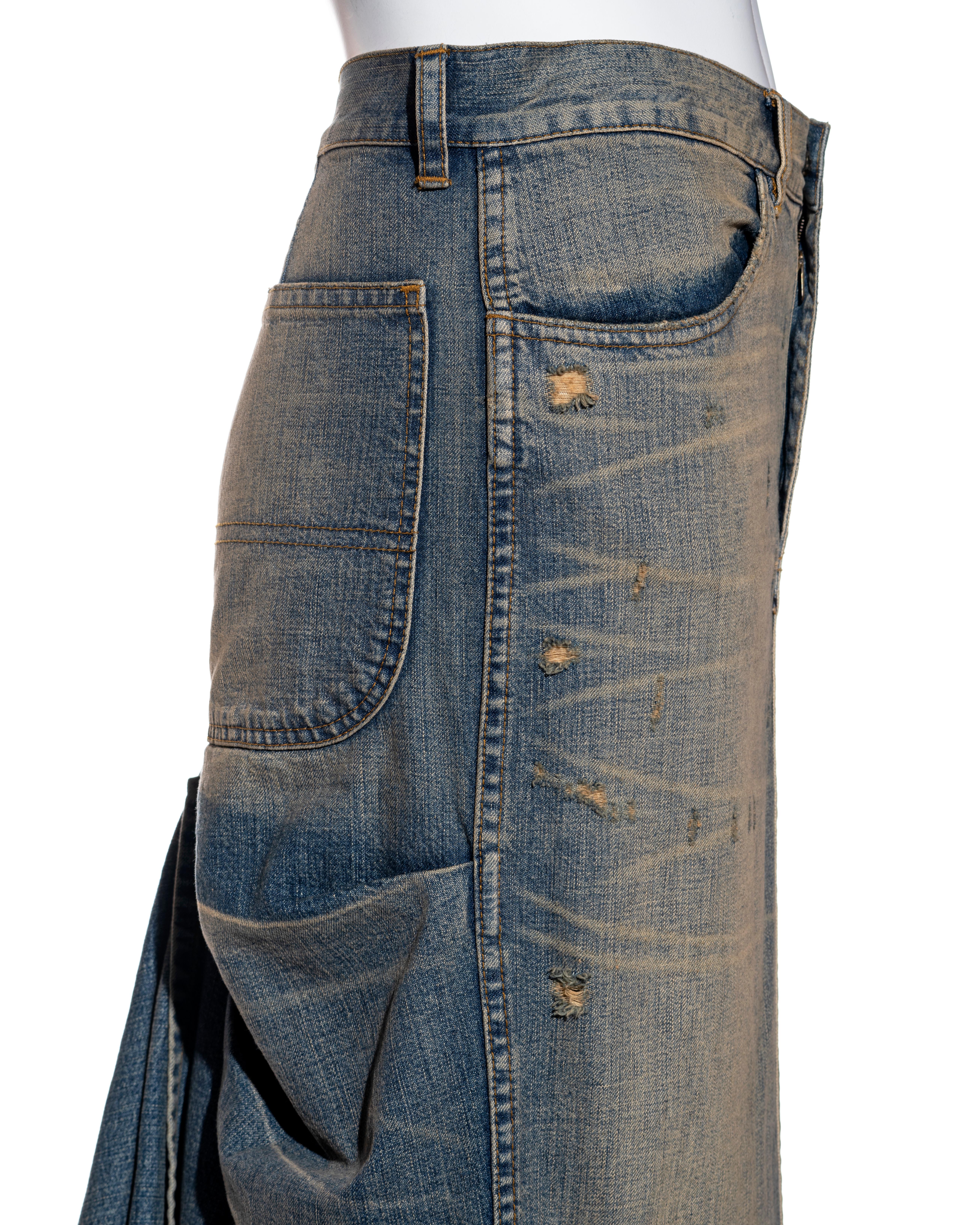 Women's Ralph Lauren distressed denim floor-length bustle skirt with train, ss 2003