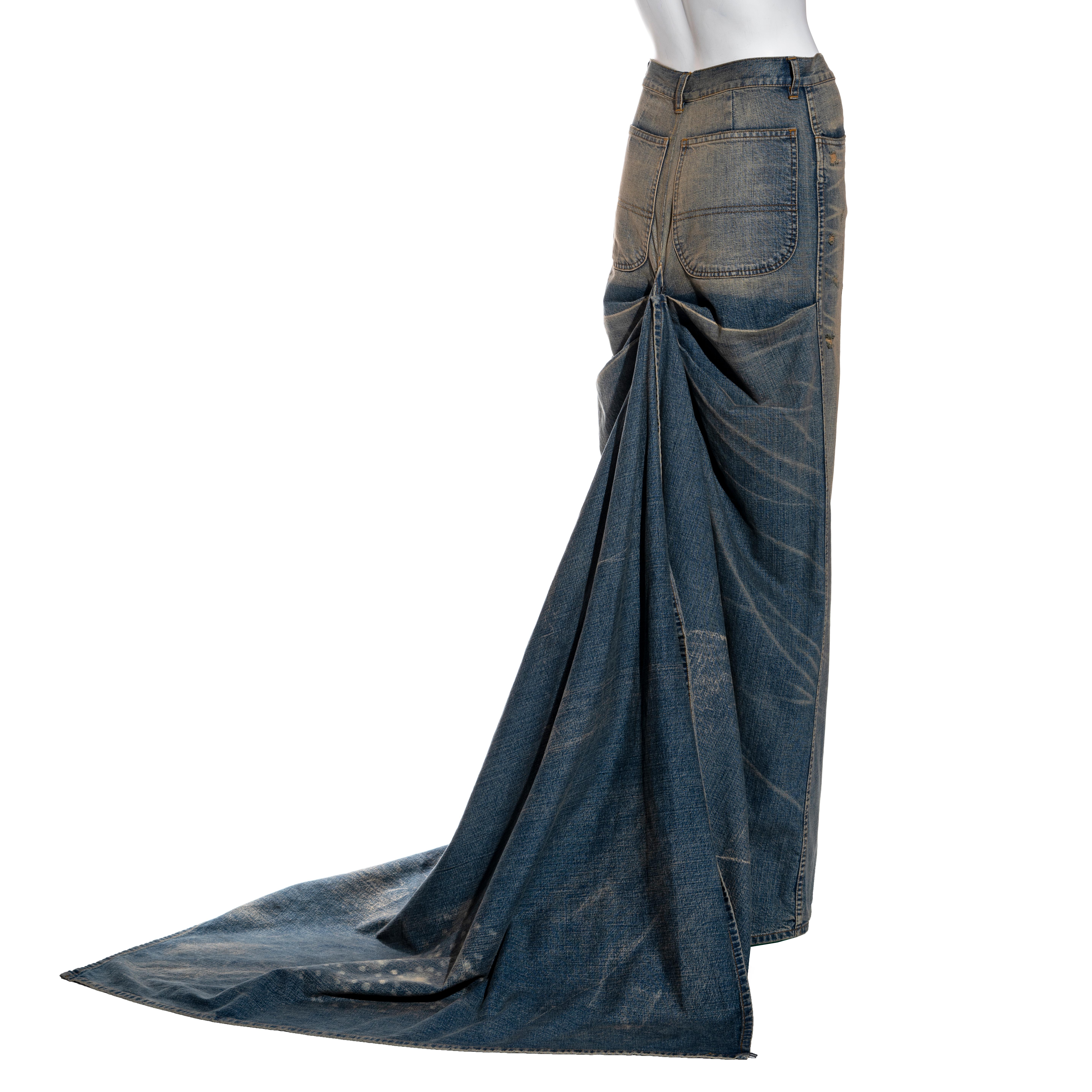 Ralph Lauren distressed denim floor-length bustle skirt with train, ss 2003 1