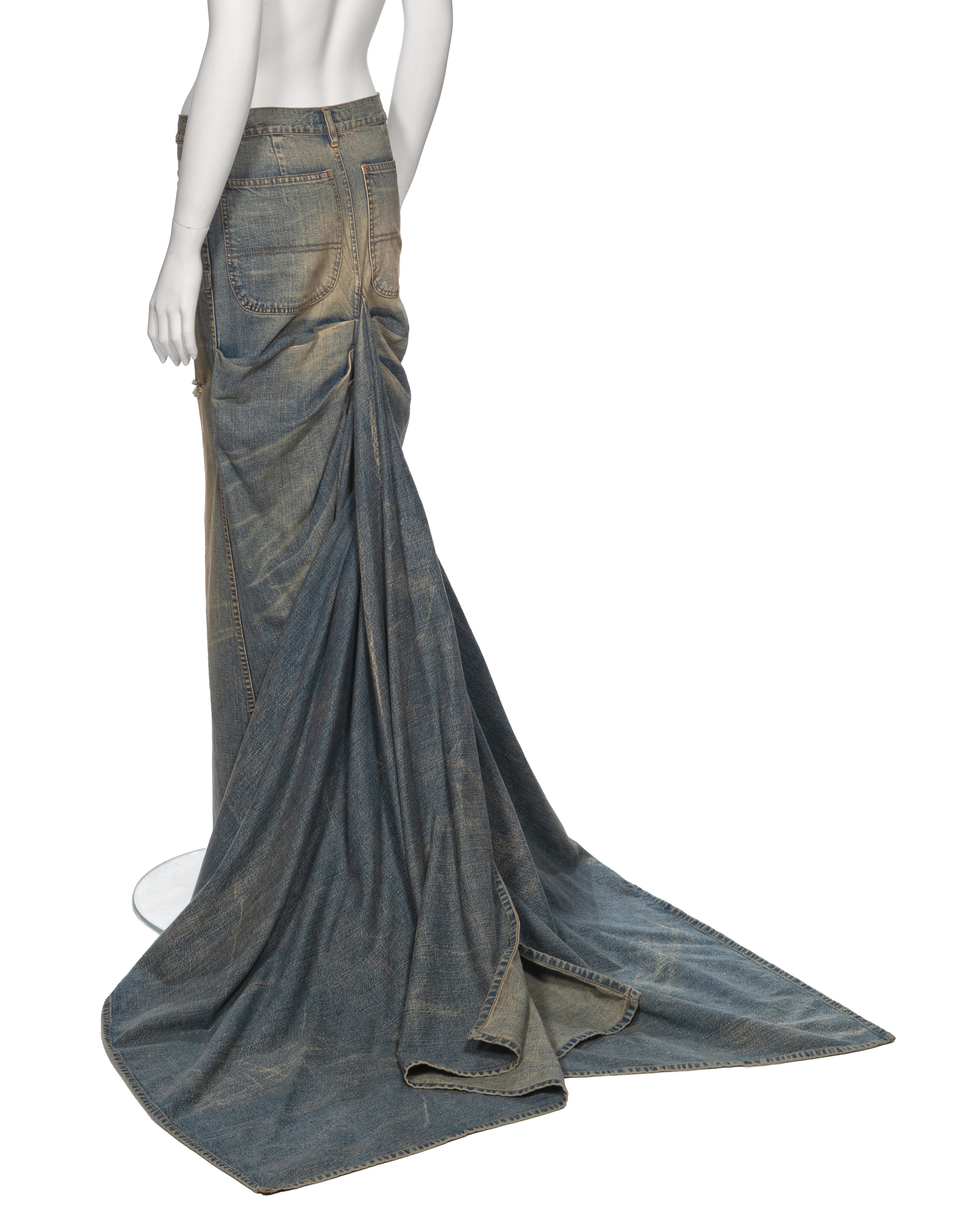 Ralph Lauren Distressed Sand Washed Denim Maxi Skirt with Train, ss 2003 For Sale 6