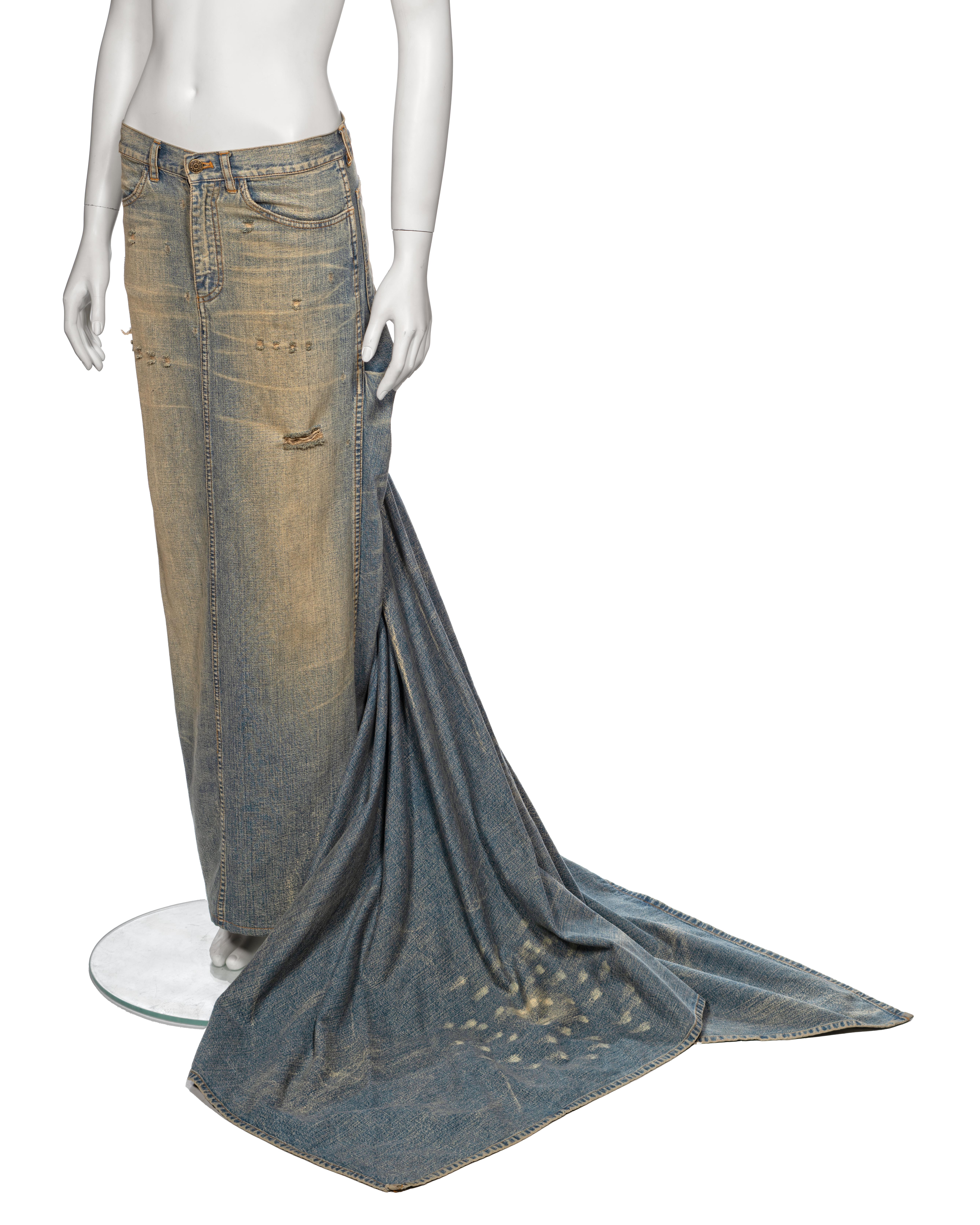 Ralph Lauren Distressed Sand Washed Denim Maxi Skirt with Train, ss 2003 For Sale 7