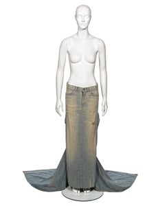 Ralph Lauren Distressed Sand Washed Denim Maxi Skirt with Train, ss 2003