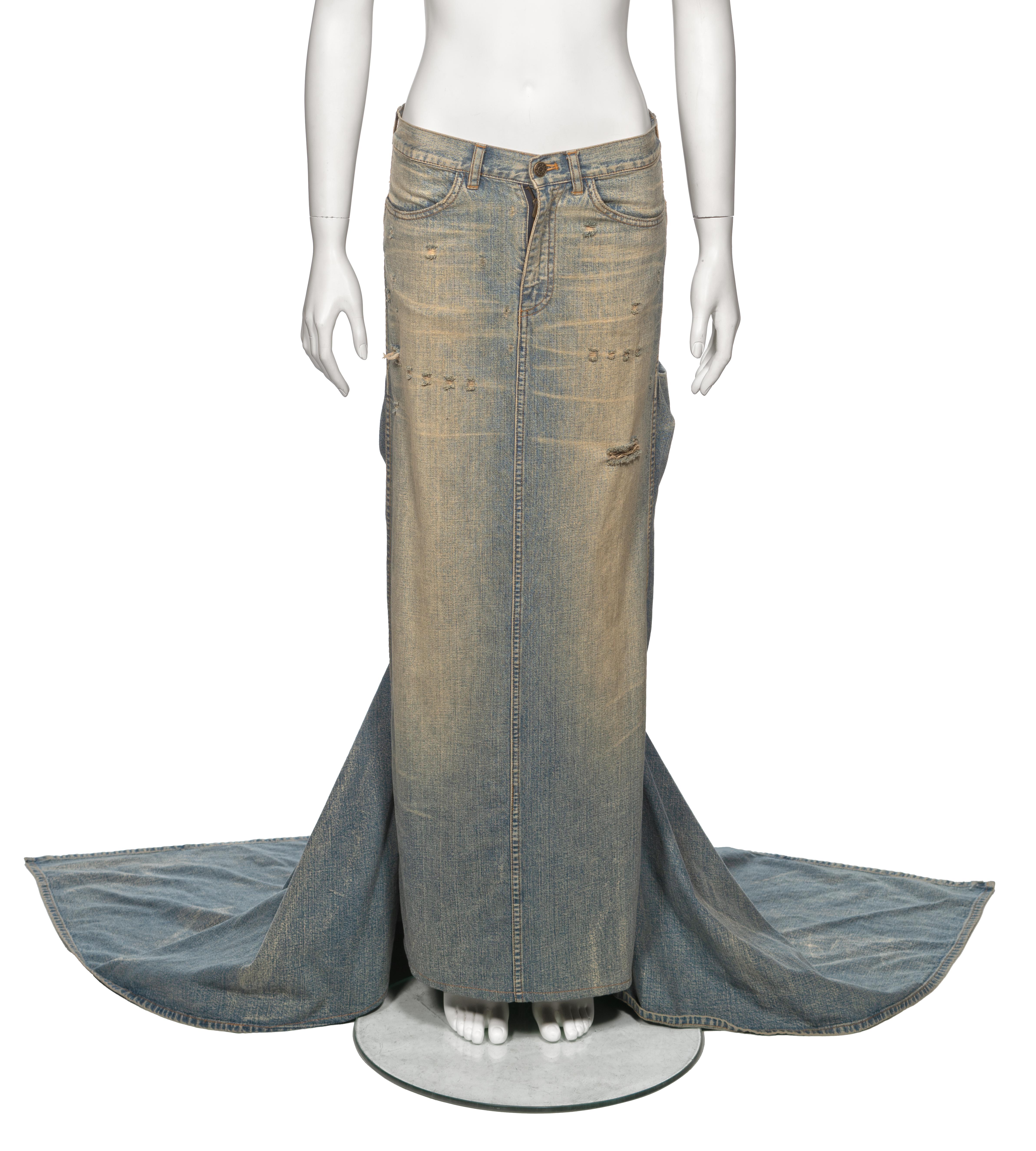 Women's Ralph Lauren Distressed Sand Washed Denim Maxi Skirt with Train, ss 2003 For Sale