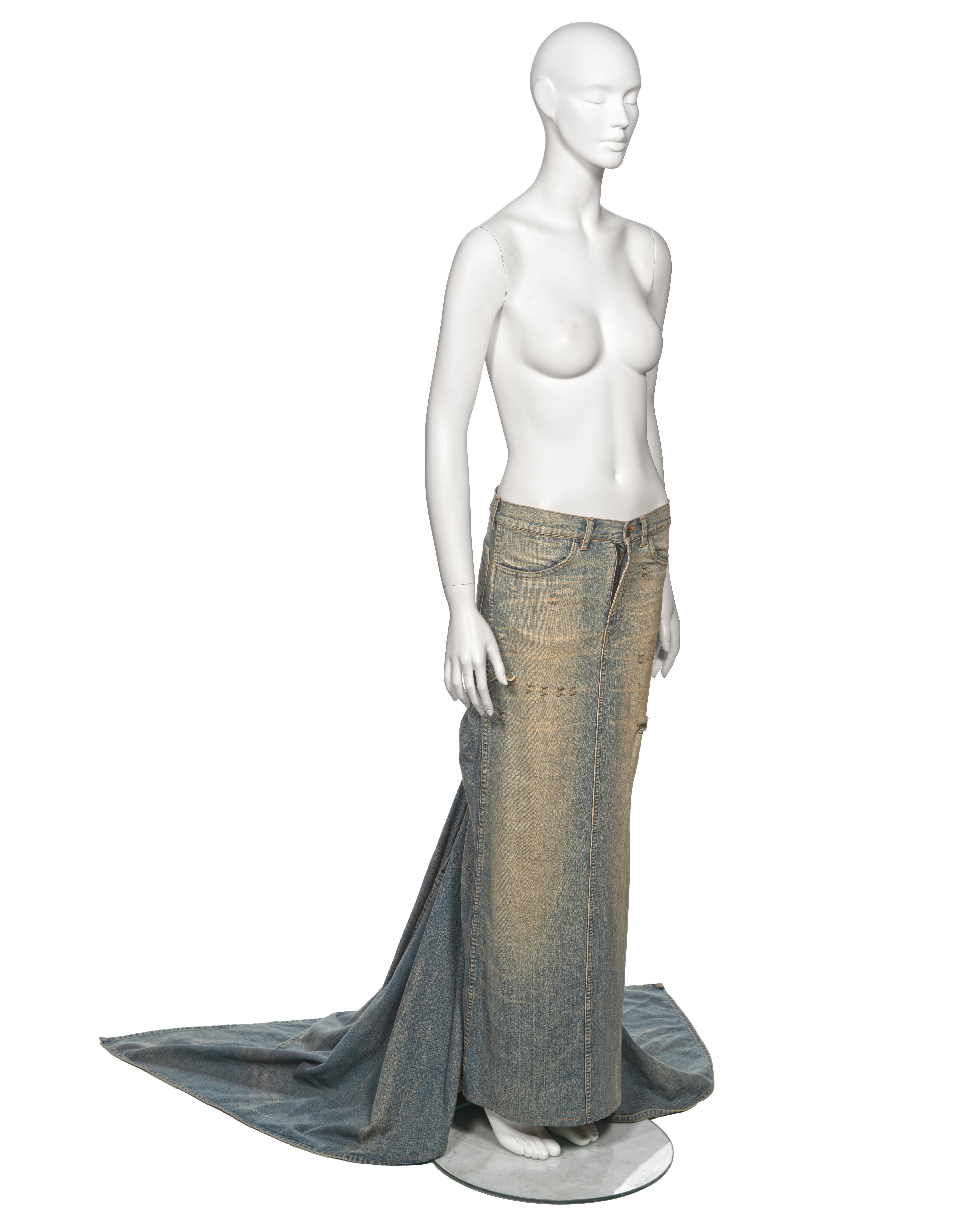 Ralph Lauren Distressed Sand Washed Denim Maxi Skirt with Train, ss 2003 For Sale 1
