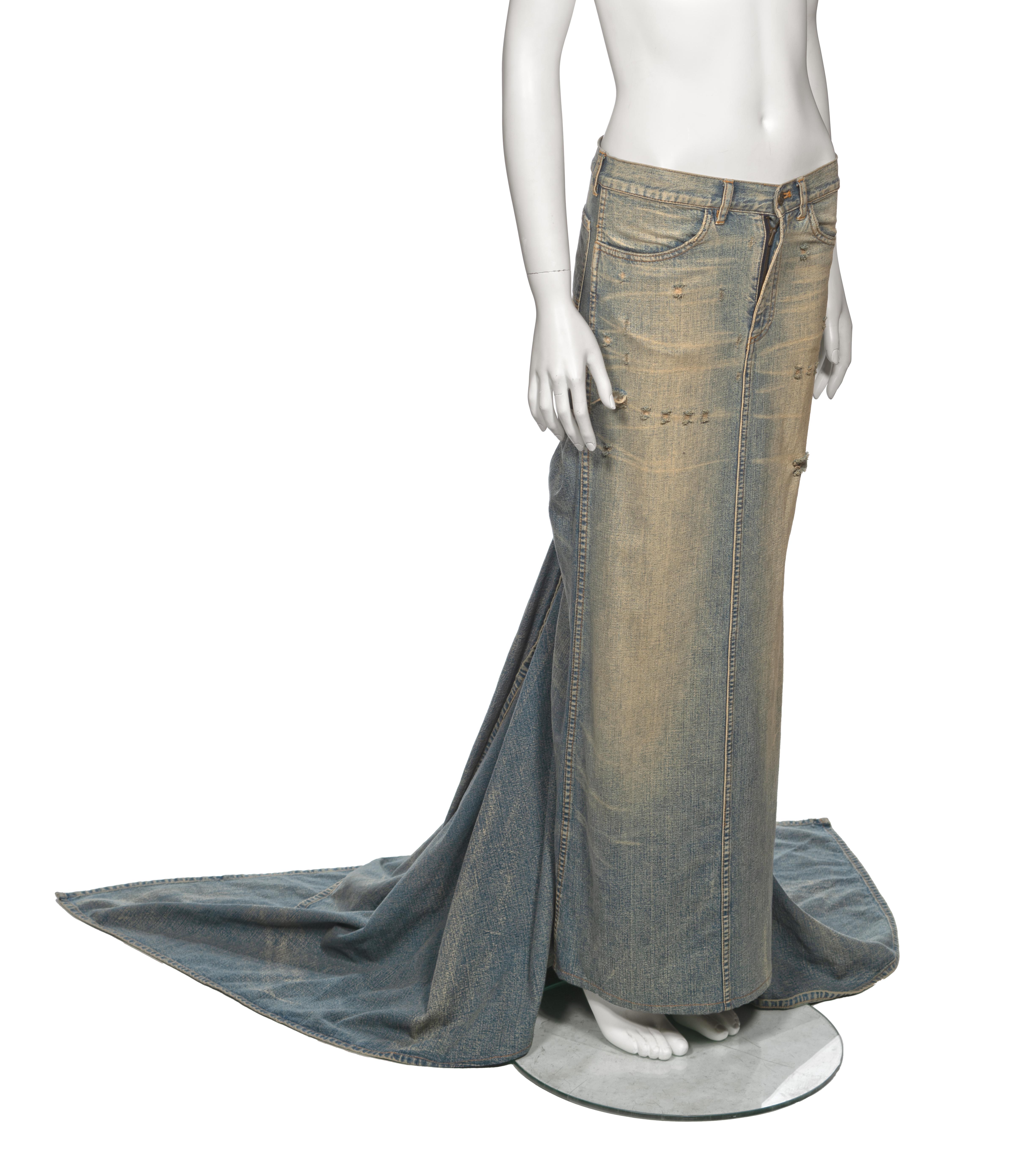 Ralph Lauren Distressed Sand Washed Denim Maxi Skirt with Train, ss 2003 For Sale 2