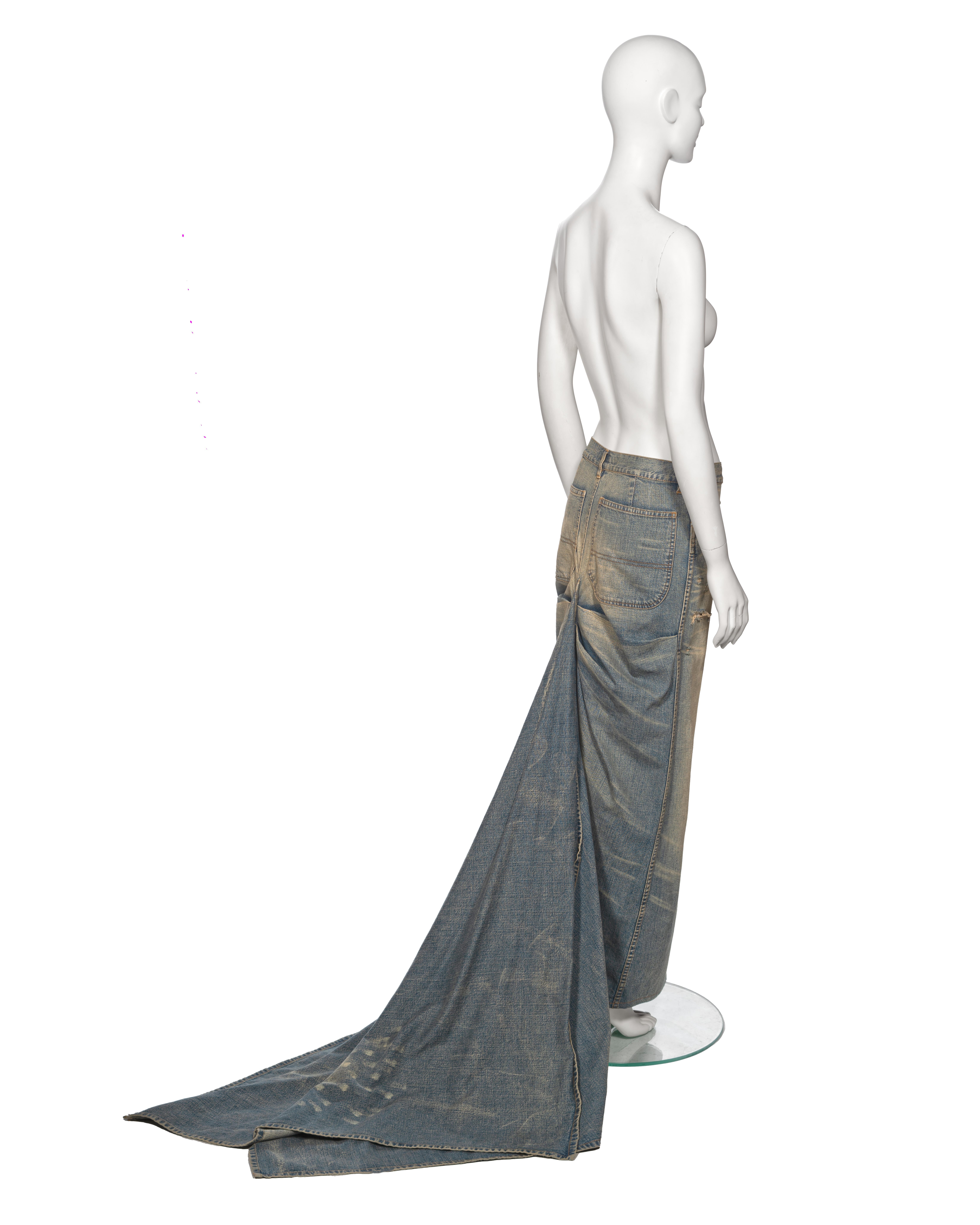 Ralph Lauren Distressed Sand Washed Denim Maxi Skirt with Train, ss 2003 For Sale 3