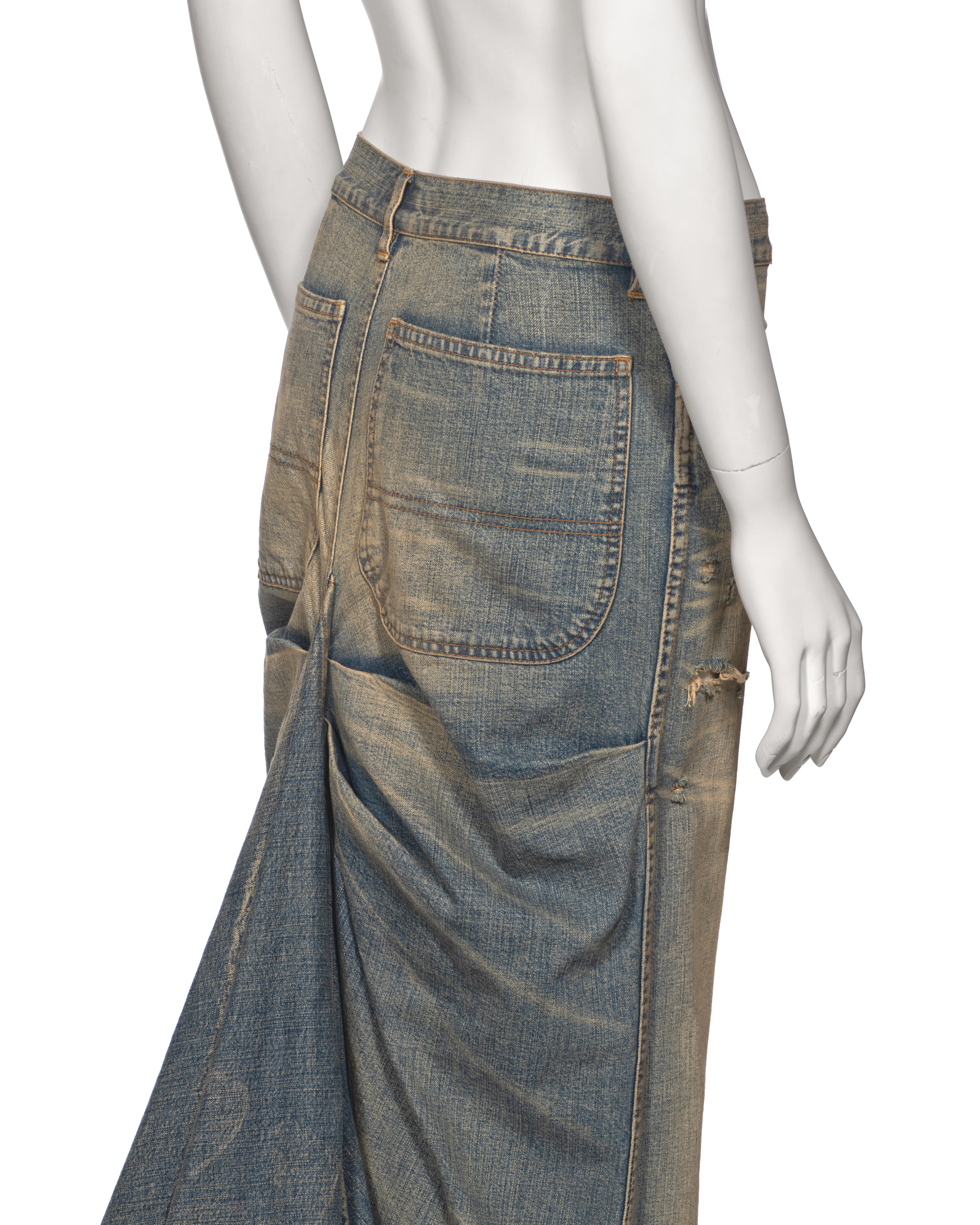 Ralph Lauren Distressed Sand Washed Denim Maxi Skirt with Train, ss 2003 For Sale 4