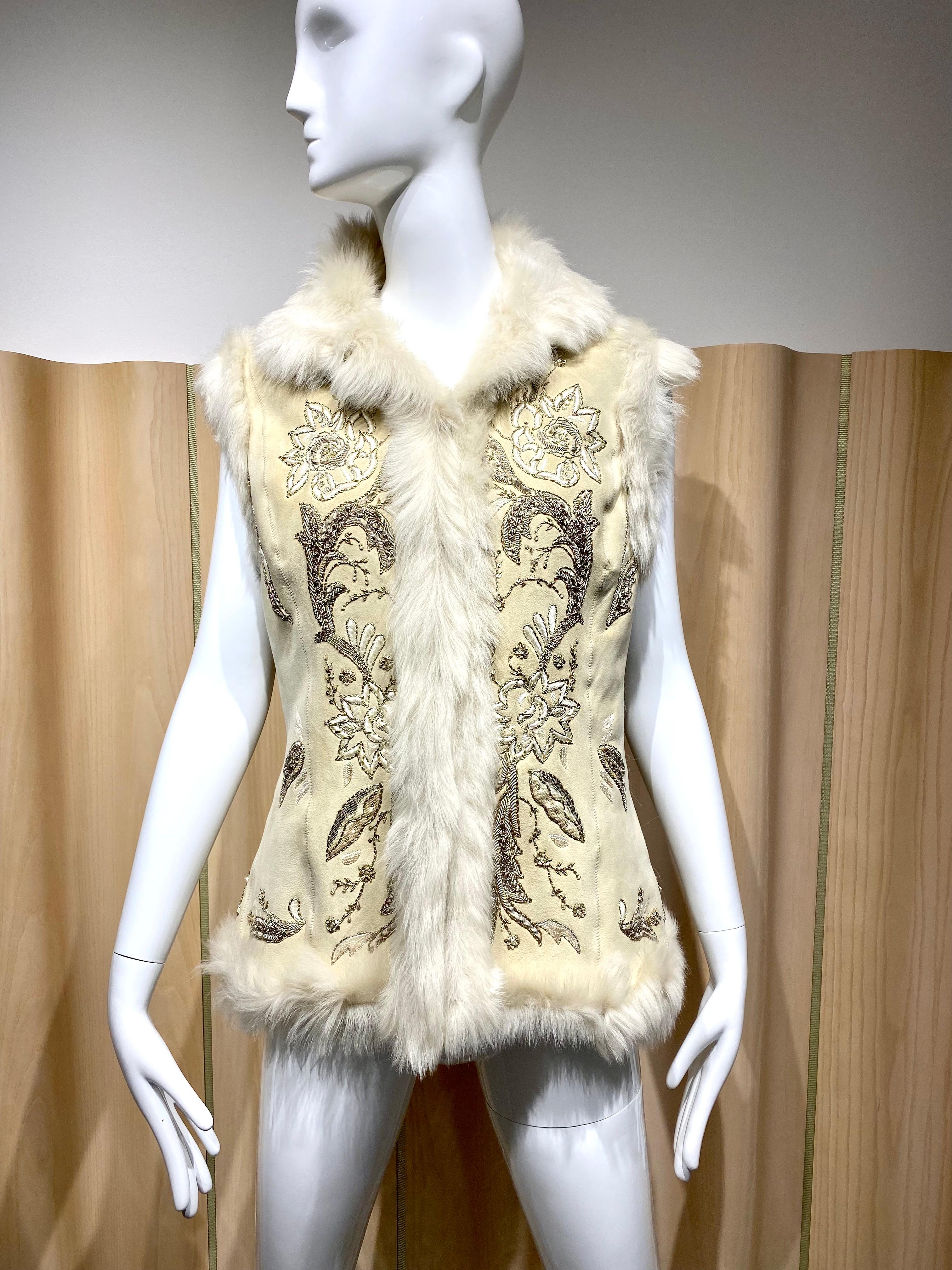 Women's Ralph Lauren Embroidered  Suede Shearling Vest
